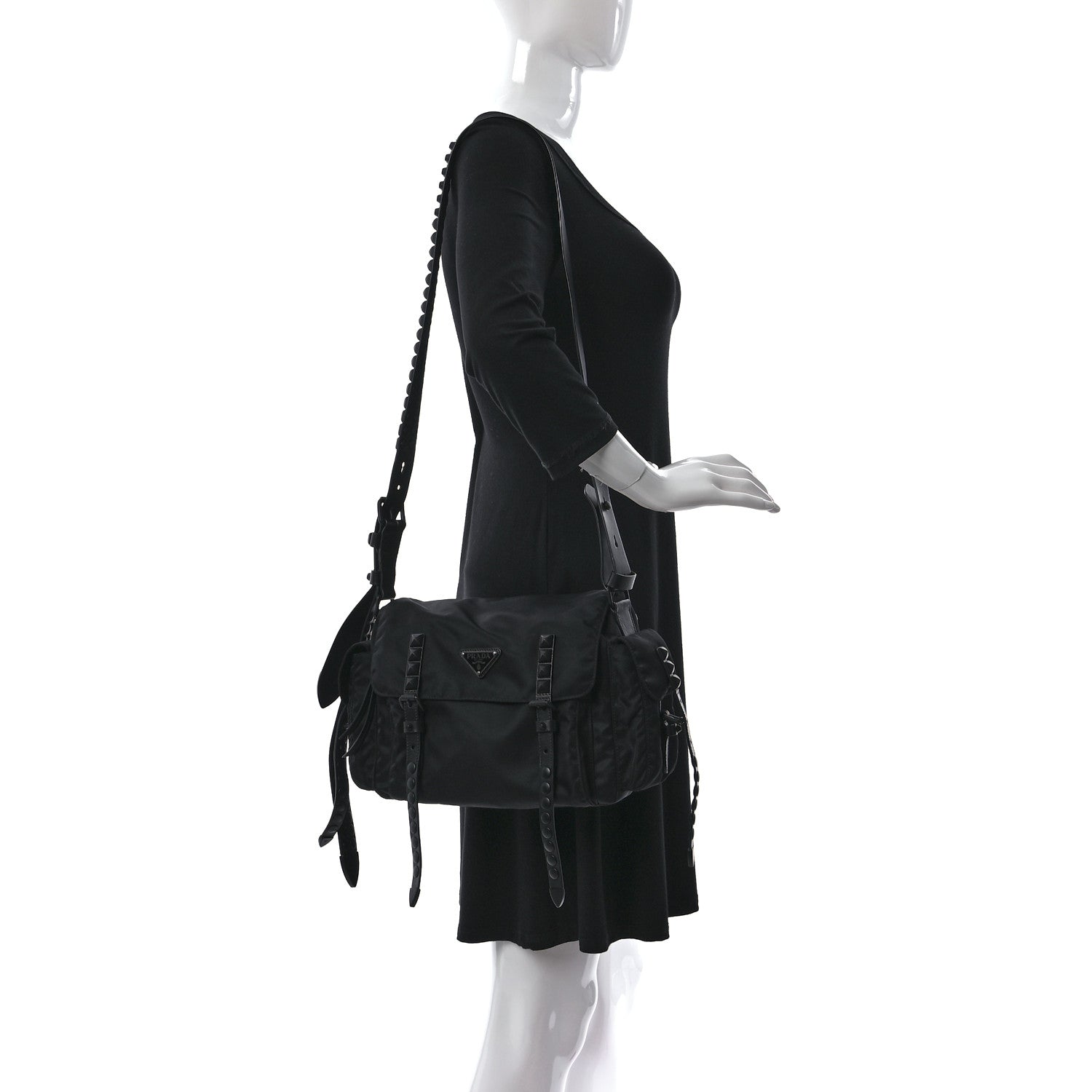 Prada Nylon New Vela Studded Messenger Bag Black 2 of 9