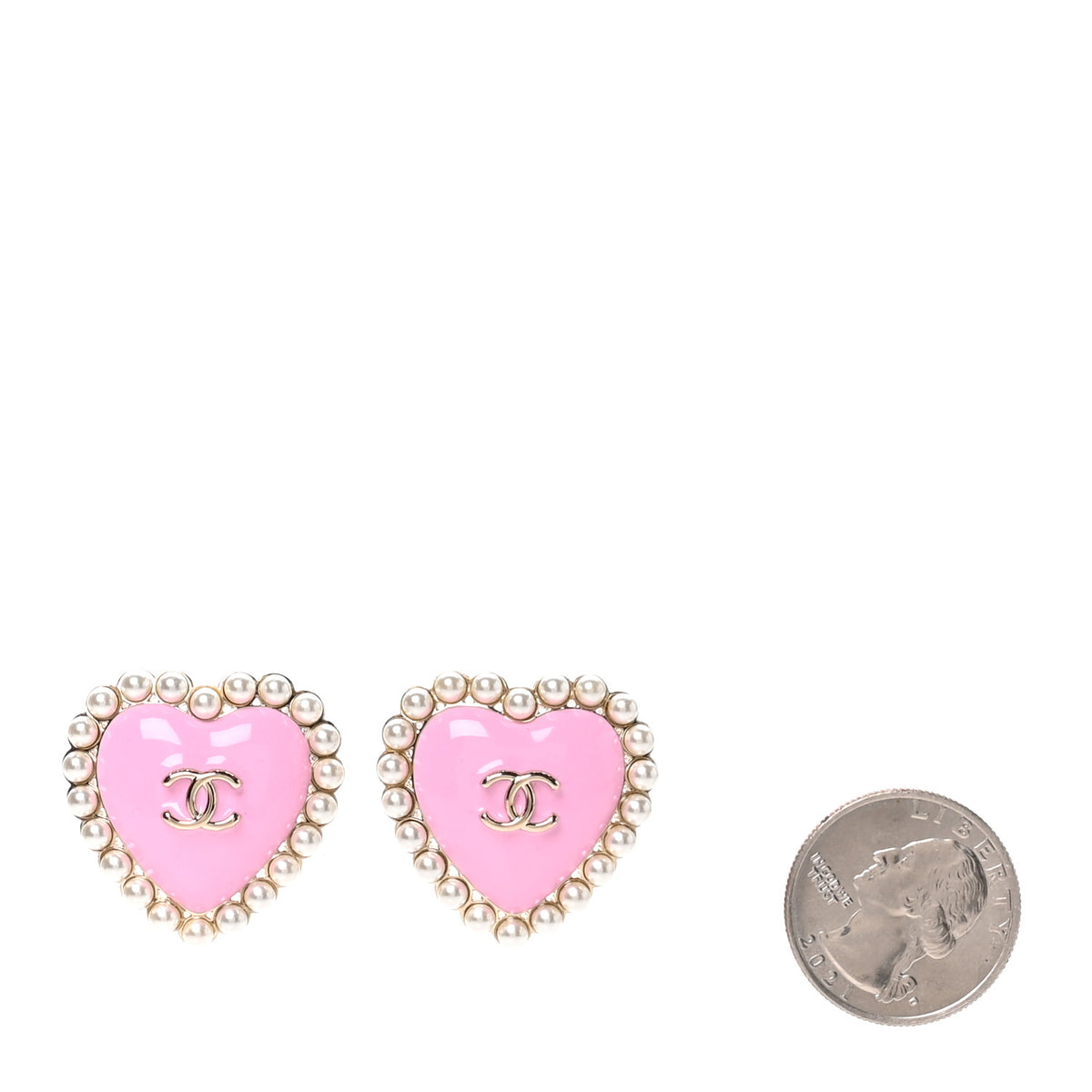 Chanel Pearl Resin Crystal CC Heart Drop Earrings Pink Gold 2 of 5