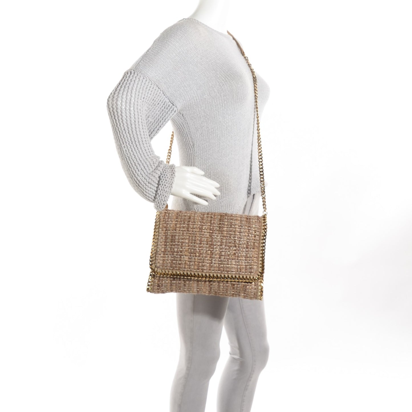 Woven Boucle Fold Over Falabella Clutch Gold