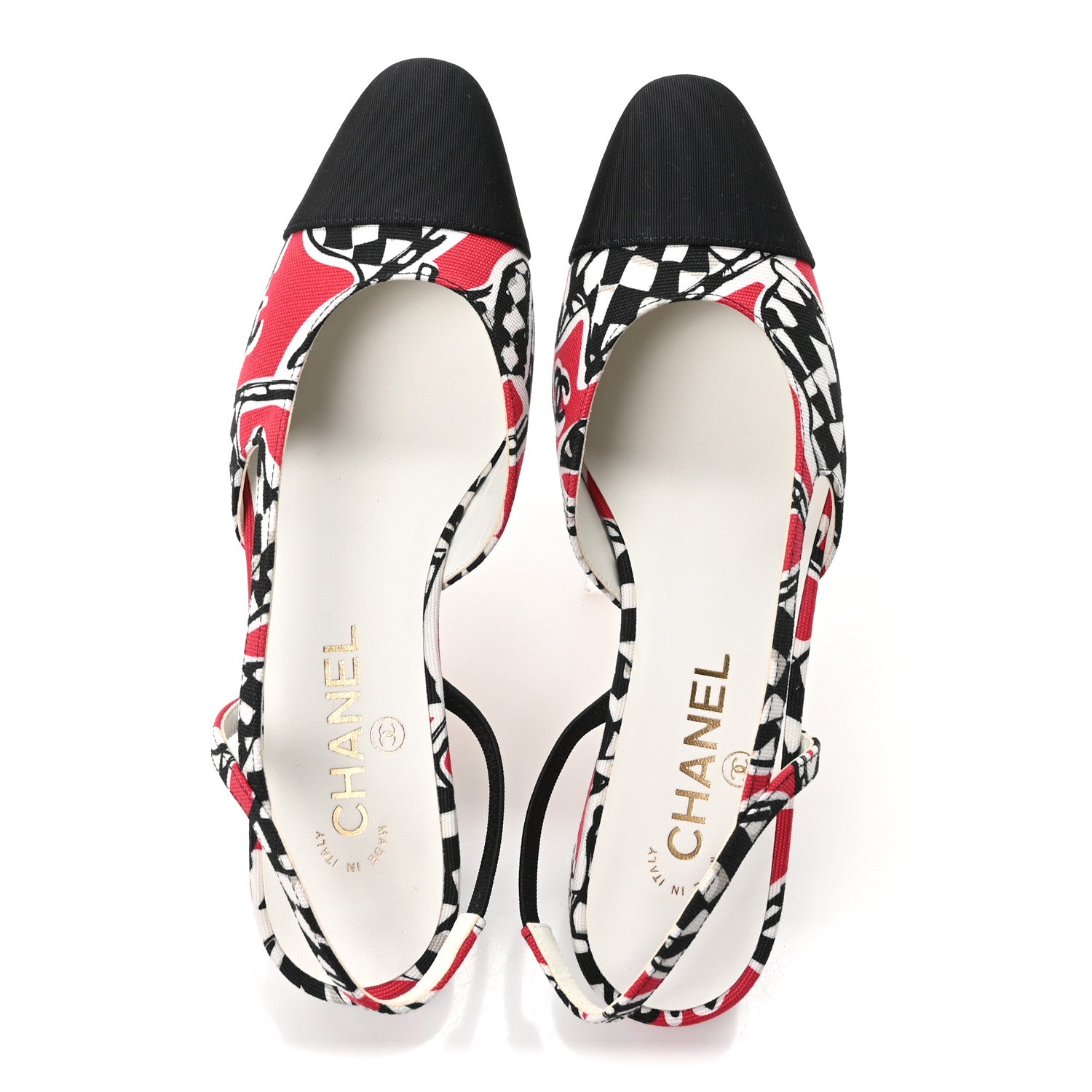 Chanel Printed Fabric Grosgrain Cap Toe CC Slingback Flats 38 Red Black White 2 of 9