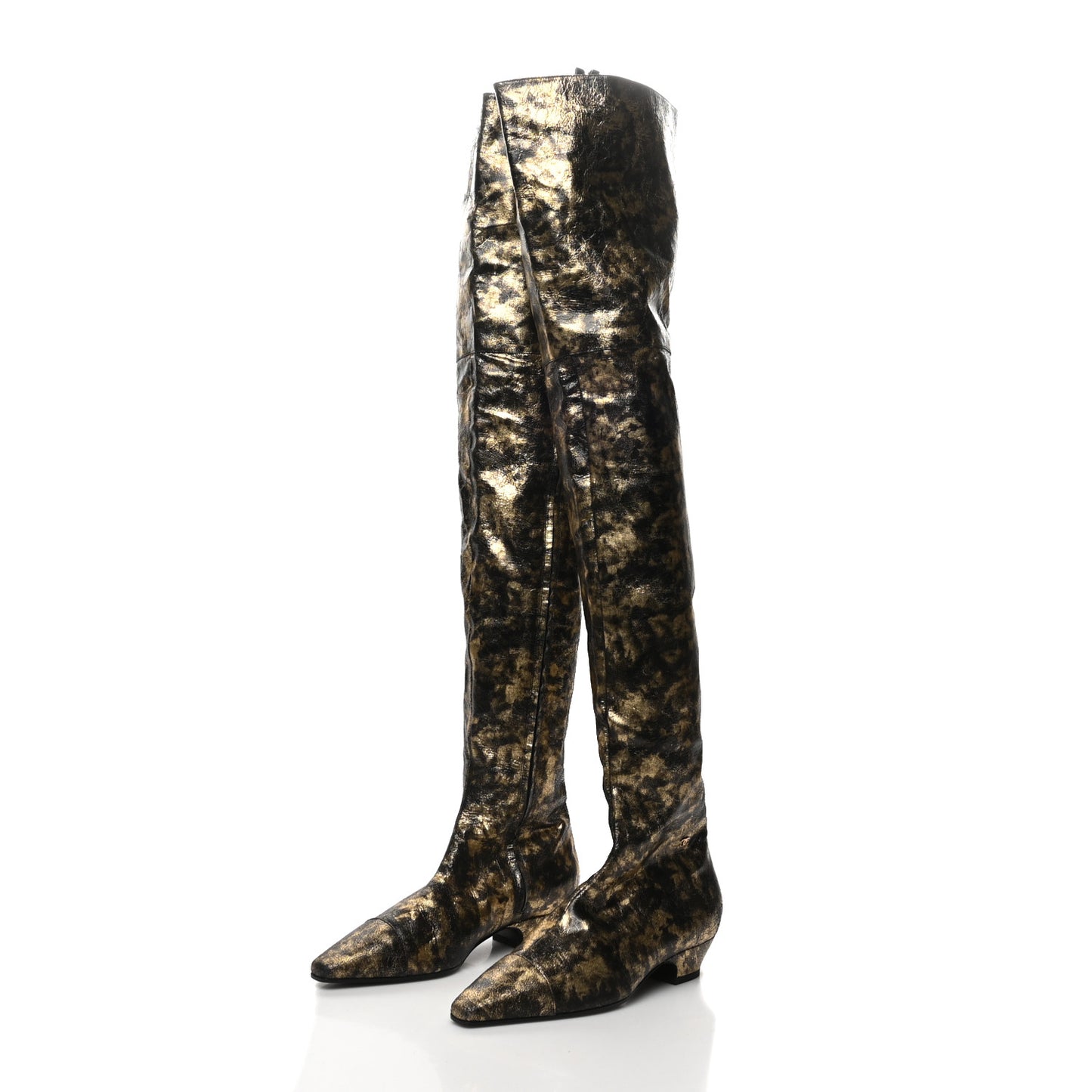 Metallic Lambskin Over the Knee Boots 38 Gold Black