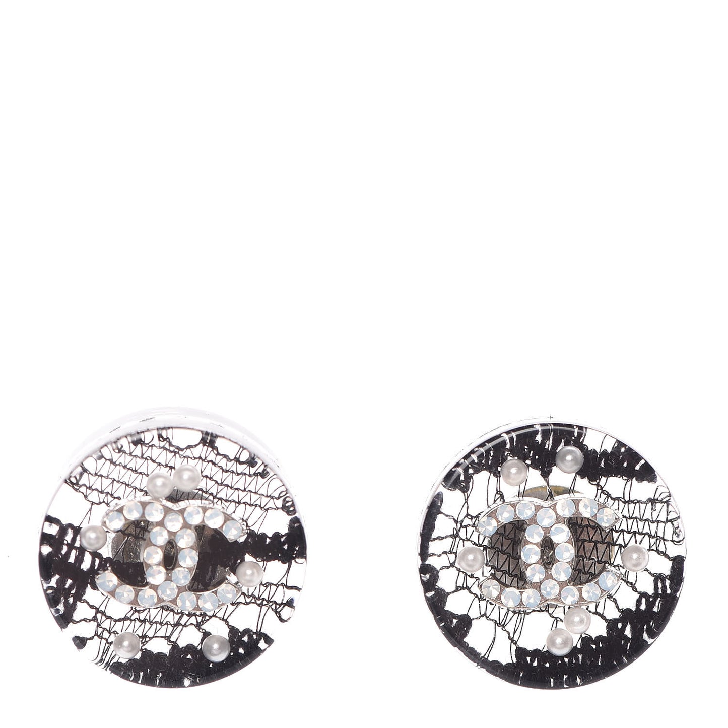 Resin Crystal Pearl Lace CC Earrings Black