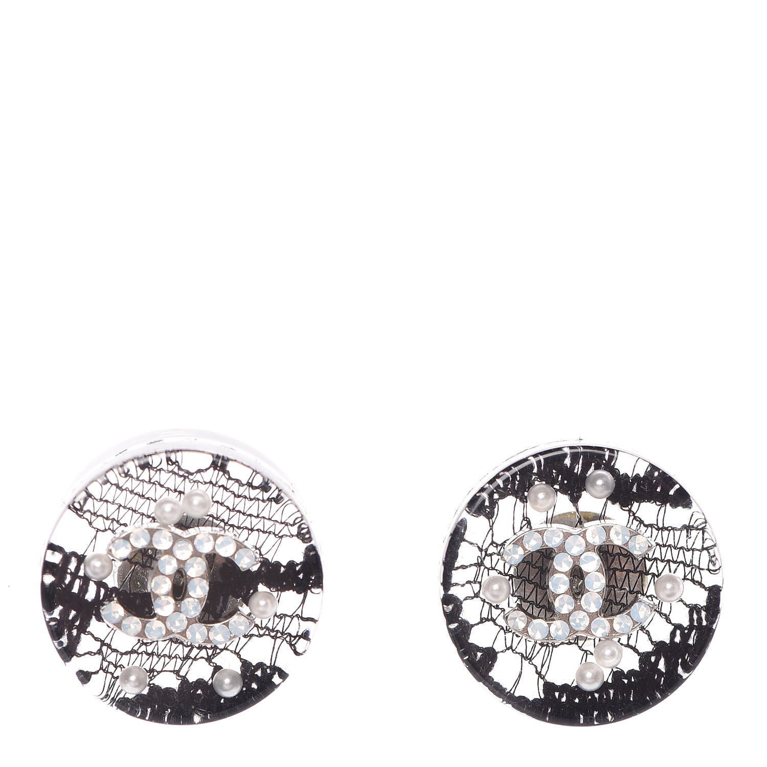 Chanel Resin Crystal Pearl Lace CC Earrings Black 1 of 4