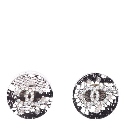 Chanel Resin Crystal Pearl Lace CC Earrings Black 1 of 4