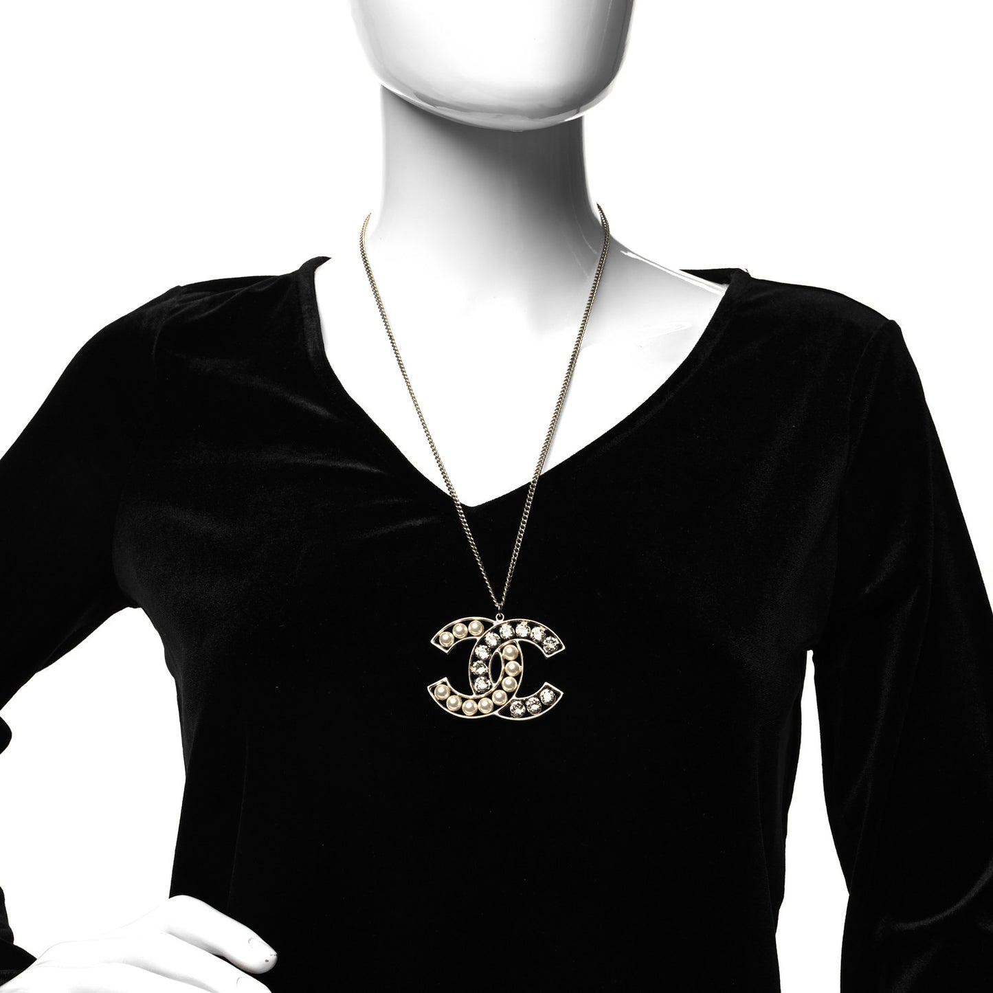 Crystal Pearl CC Pendant Necklace Gold