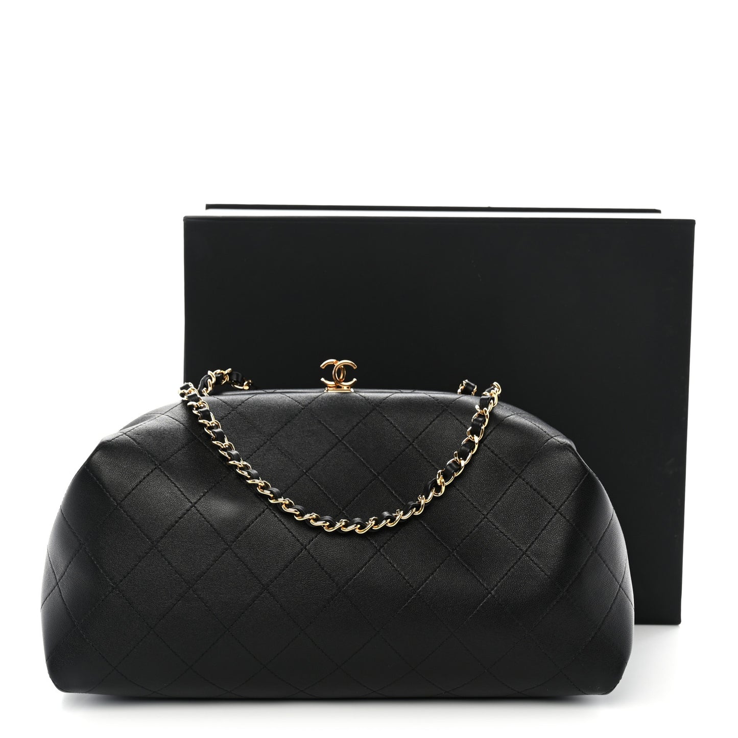 Lambskin Stitched Clutch With Chain Black