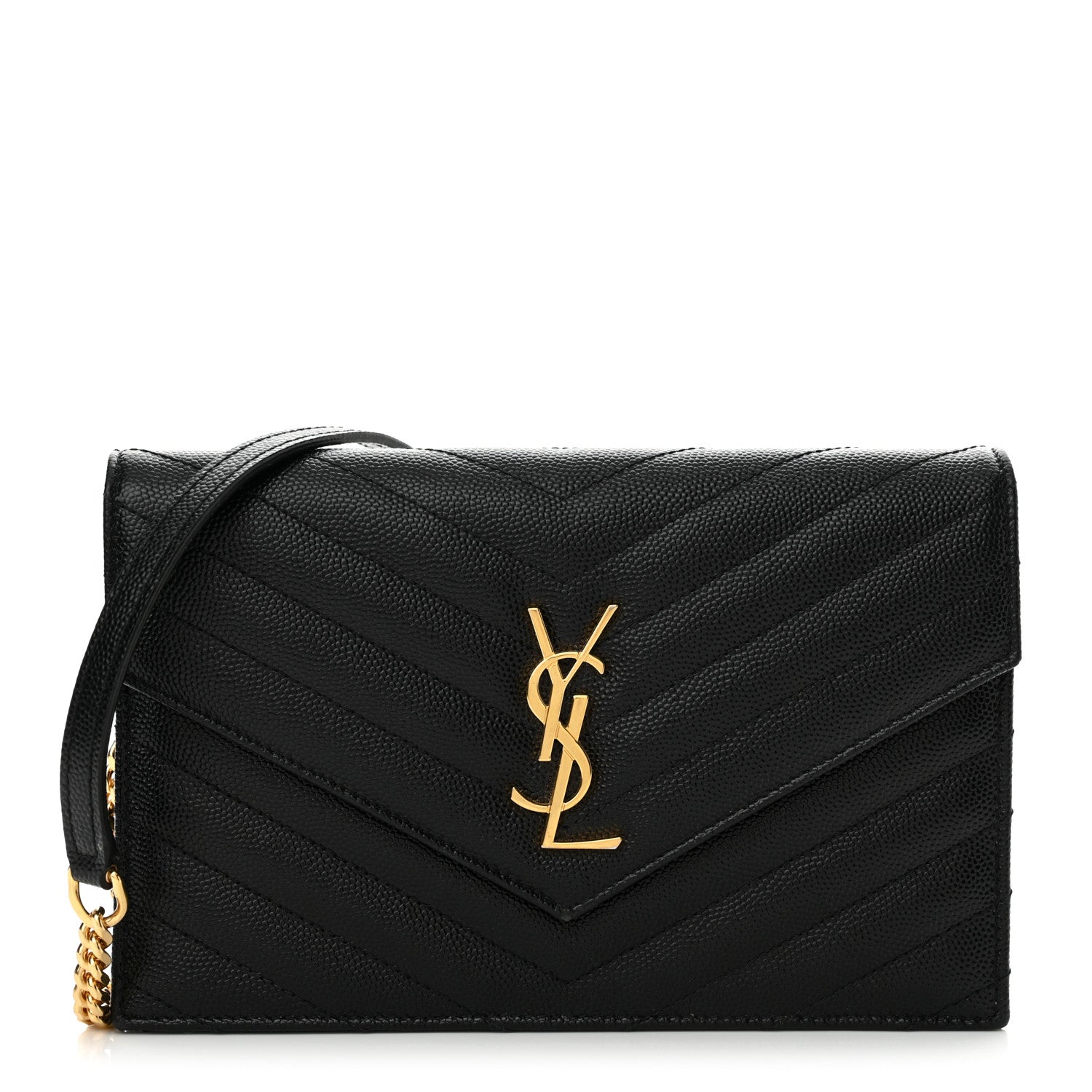 Saint Laurent Grain De Poudre Matelasse Chevron Monogram Envelope Chain Wallet Black 1 of 14