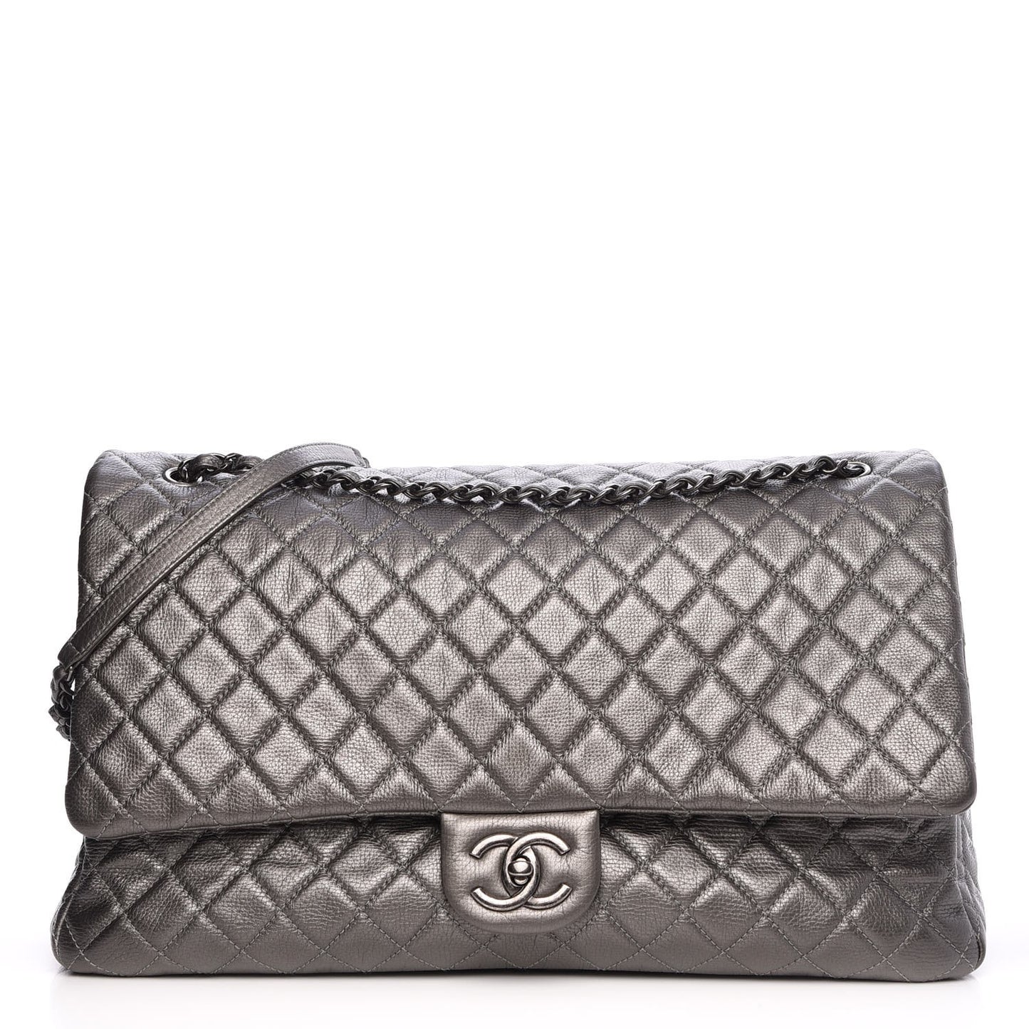 Metallic Calfskin Quilted XXL Travel Flap Bag Dark Silver