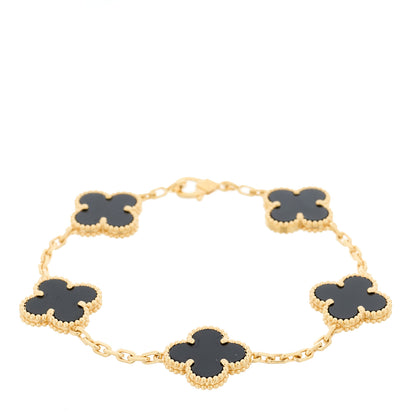 Van Cleef & Arpels 18K Yellow Gold Black Onyx 5 Motifs Vintage Alhambra Bracelet 1 of 5