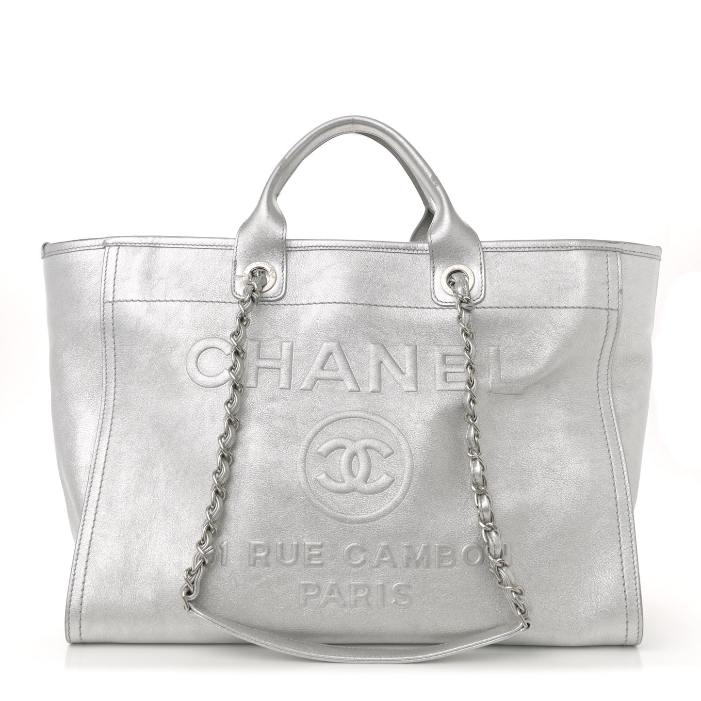 Metallic Calfskin Medium Deauville Tote Silver