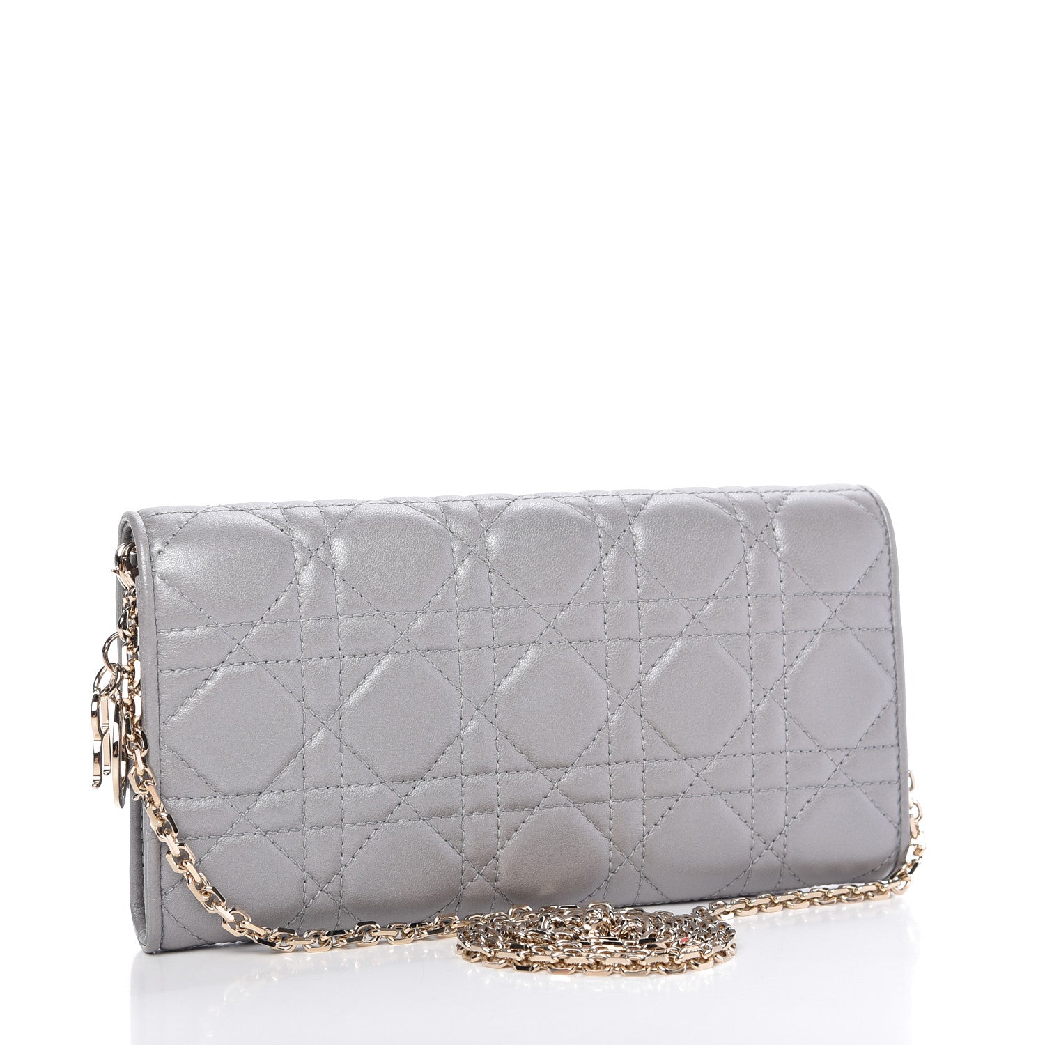 Christian Dior Metallic Lambskin Cannage Lady Dior Rendezvous Wallet On Chain Silver 3 of 11