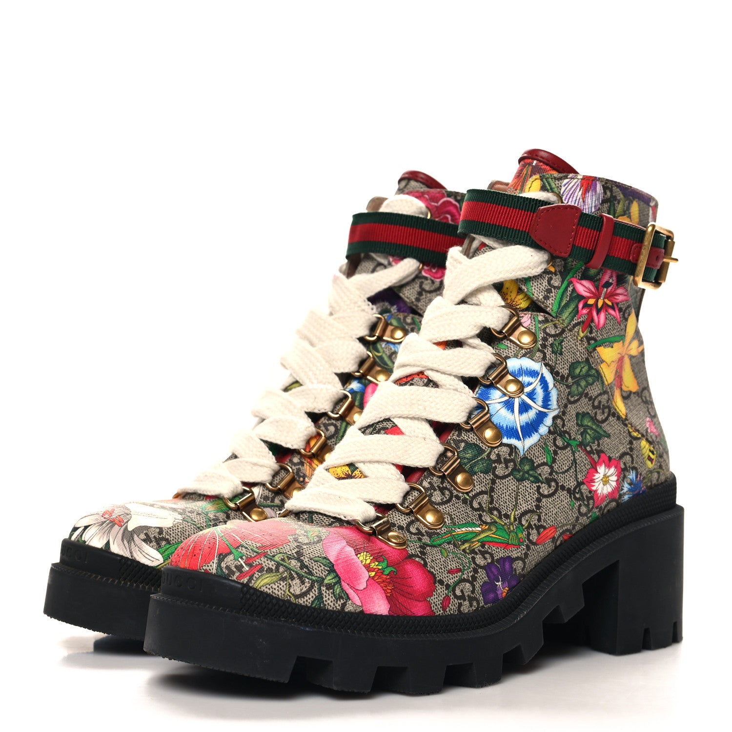 Gucci GG Supreme Monogram Flora Lace Up Combat Ankle Boots 38 Beige Multicolor Red 4 of 8