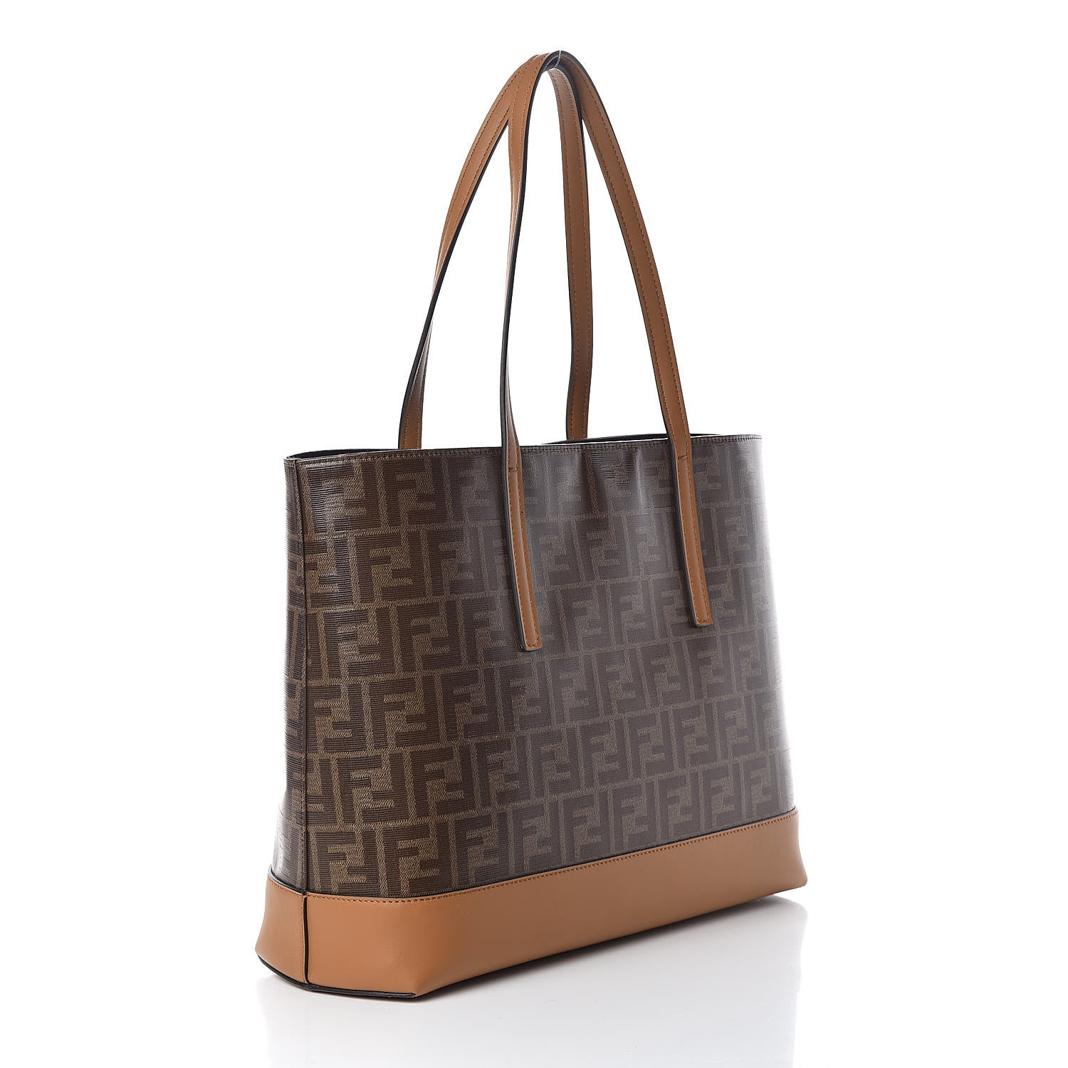 Fendi Glazed Fabric Vitello Century FF 1974 Stamp Patch Shopping Tote Mogano Panna Caramello 3 of 10