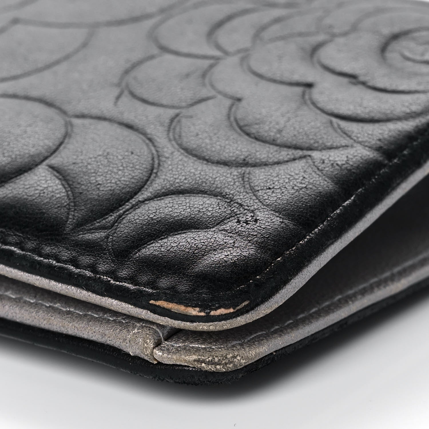 Chanel Lambskin Camellia Embossed Yen Wallet Black 10 of 14