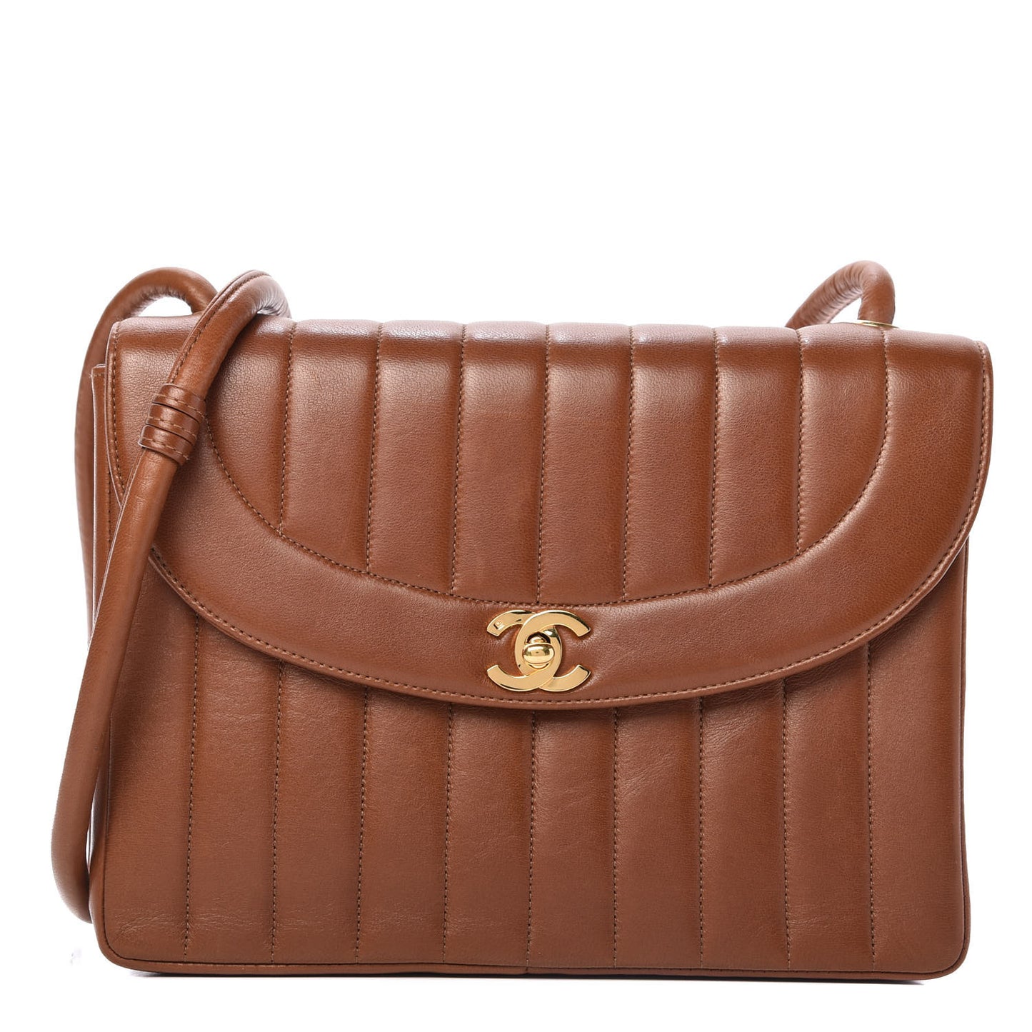 Lambskin Vertical Quilted Flap Shoulder Bag Brown