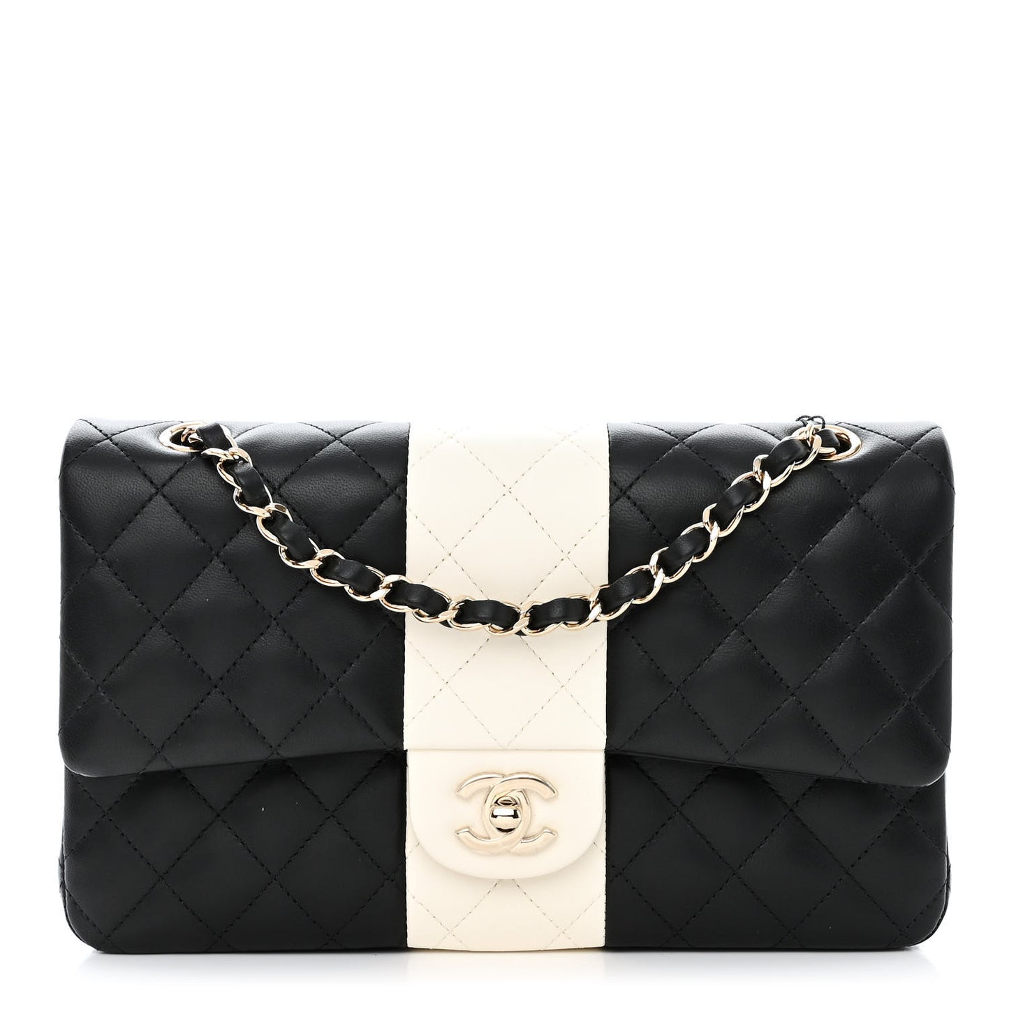 Lambskin Quilted Medium Double Flap Black White