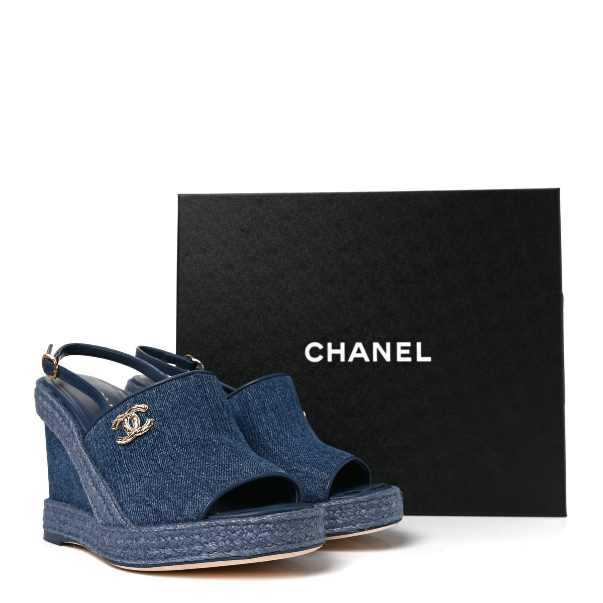 Washed Denim Braided Cord Wedge Sandals 36 Blue