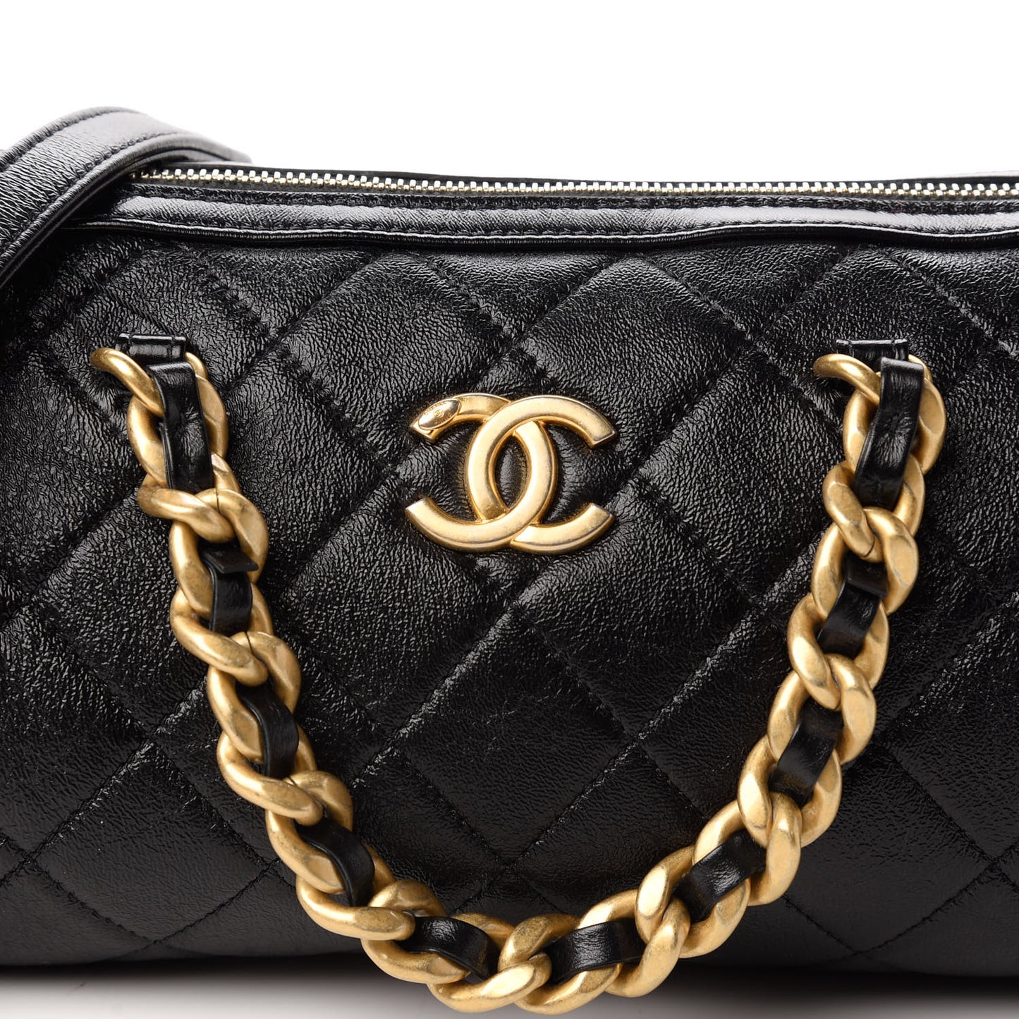 Shiny Lambskin Quilted Fashion Therapy Bowling Bag Black