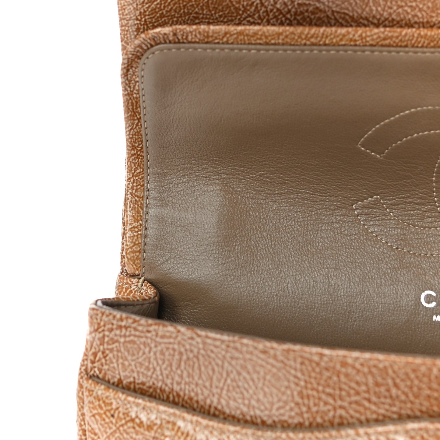 Crinkled Patent Quilted Medium Double Flap Brown