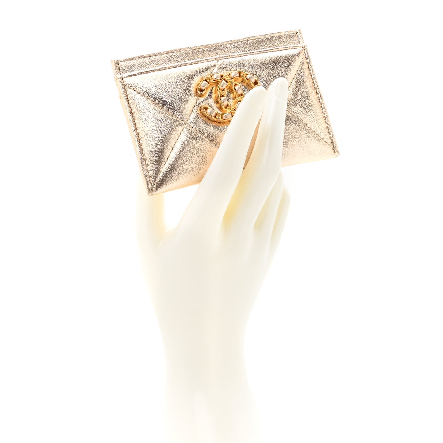 Metallic Goatskin Quilted Chanel 19 Card Holder Gold