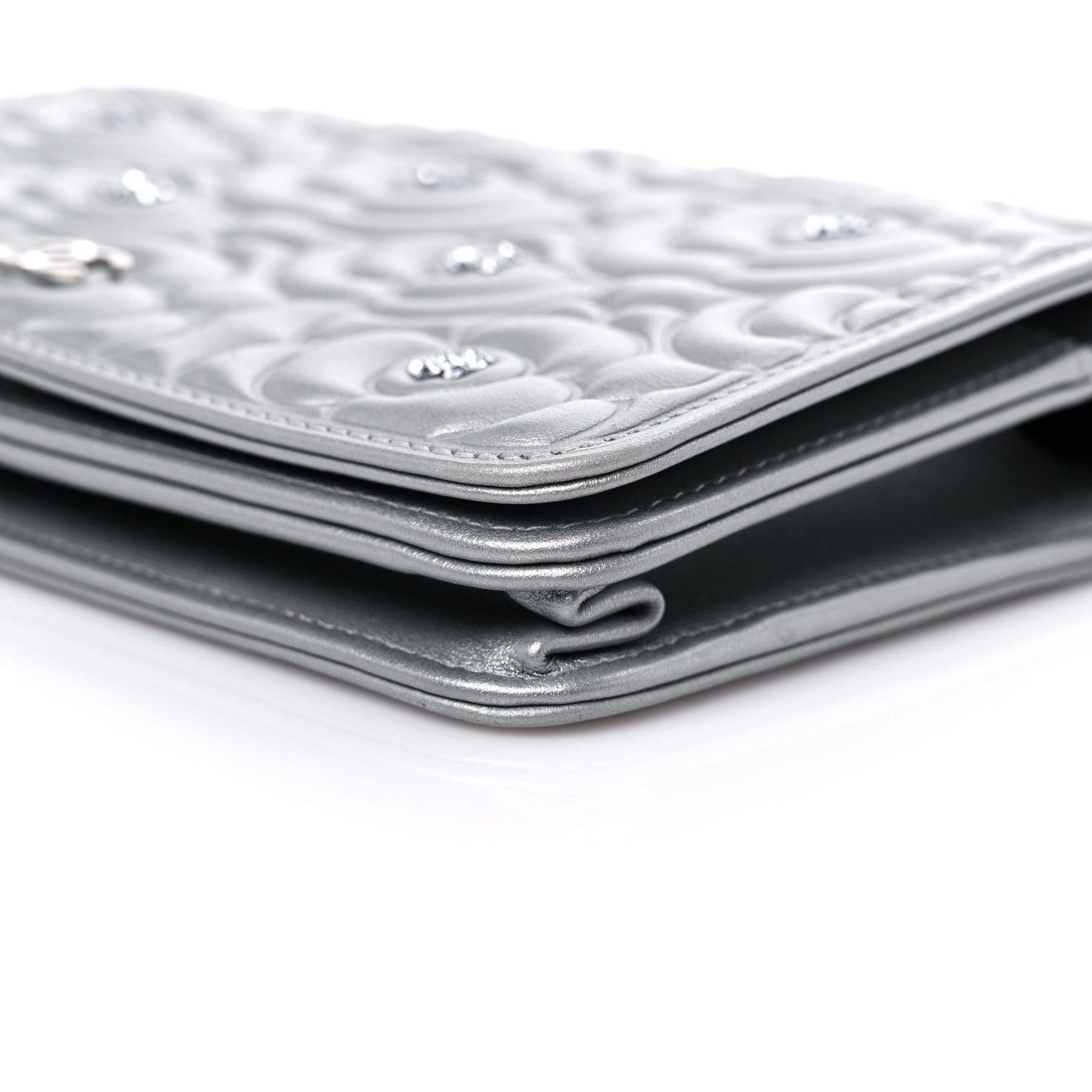 Metallic Lambskin Crystal Camellia Embossed Wallet On Chain WOC Silver