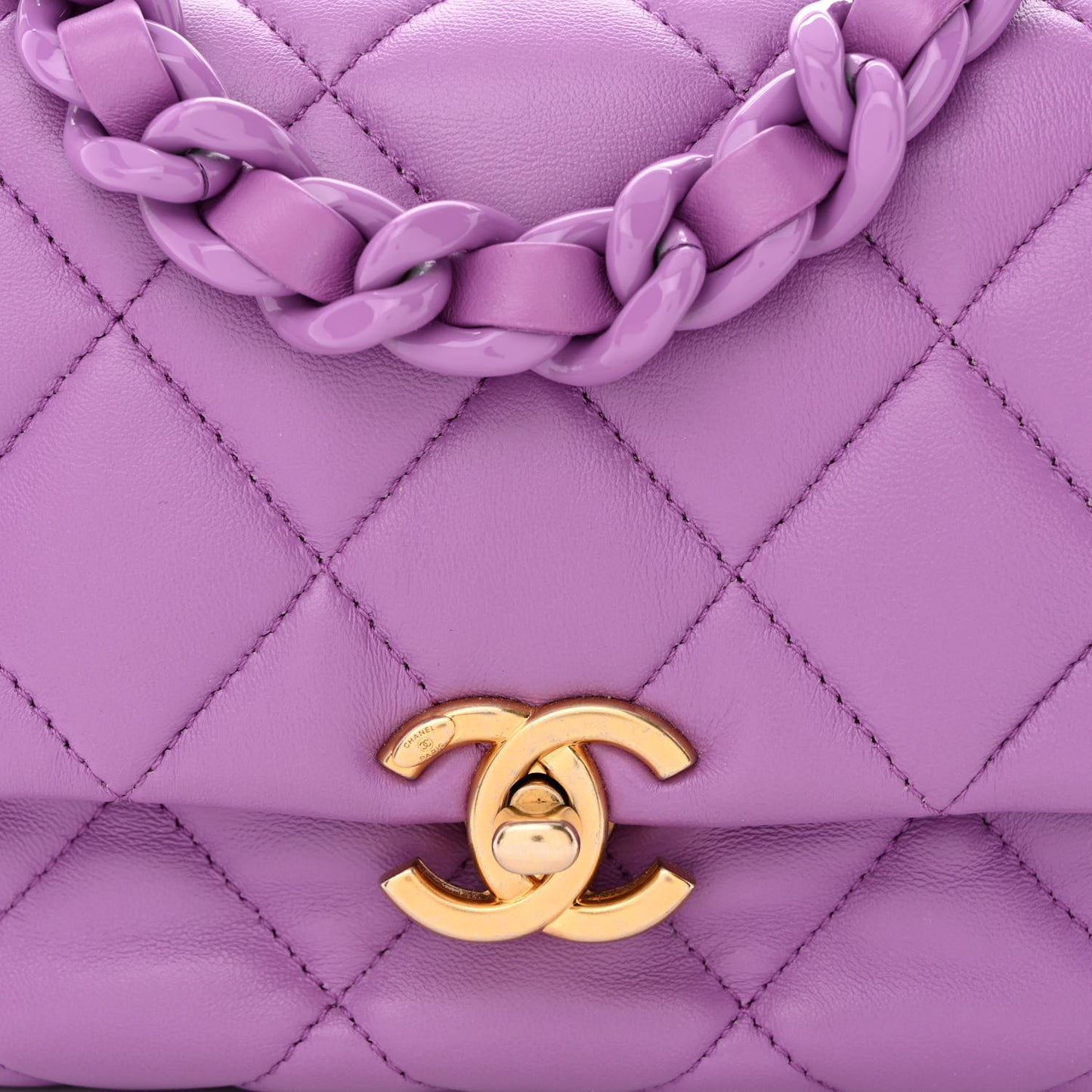 Lambskin Quilted Mini Lacquered Chain Flap Purple