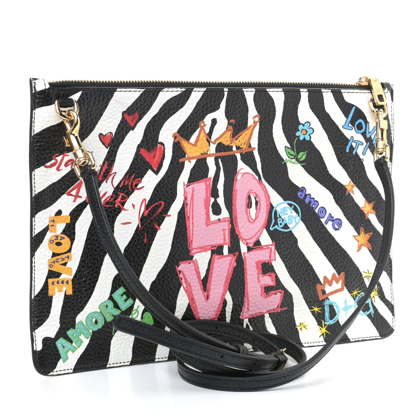 Calfskin Zebra Graffiti Print Cleo Crossbody Pouch Black Multicolor