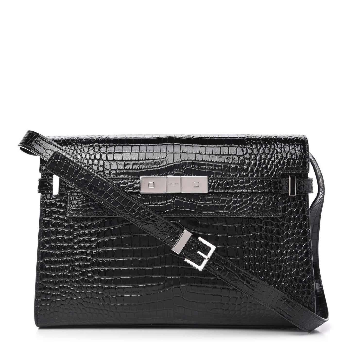 Shiny Calfskin Crocodile Embossed Manhattan Baguette Black