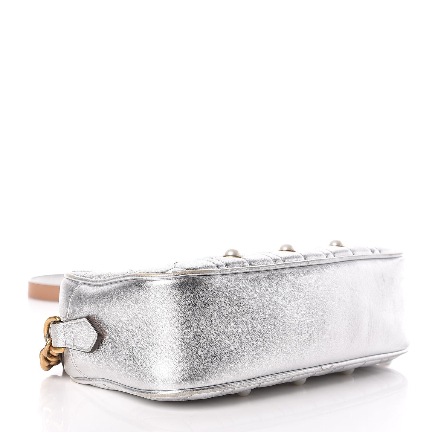 Metallic Calfskin Matelasse Studded Small Pearly GG Marmont Chain Shoulder Bag Silver