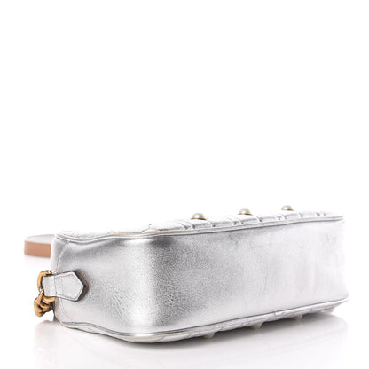 Gucci Metallic Calfskin Matelasse Studded Small Pearly GG Marmont Chain Shoulder Bag Silver 4 of 15