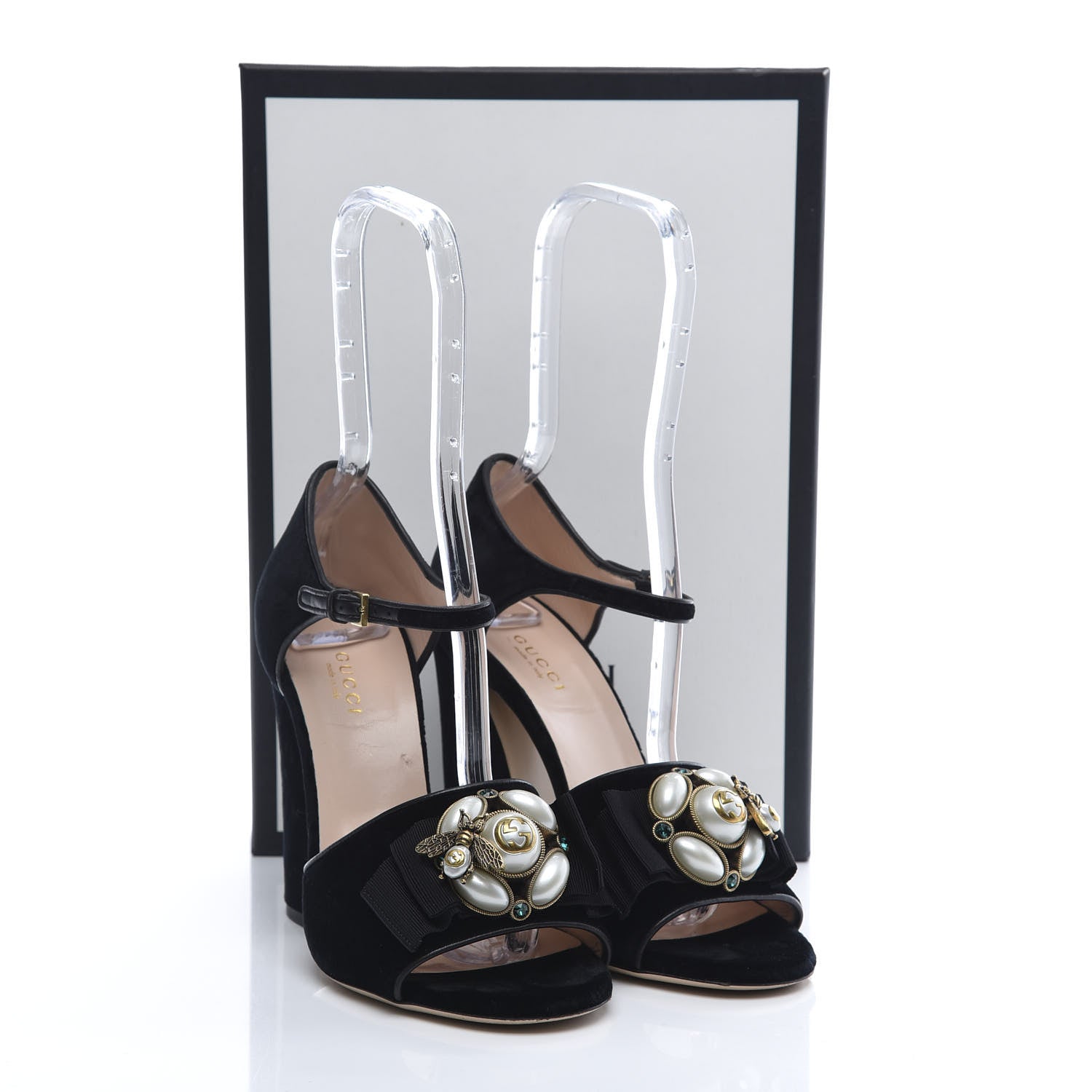 Gucci Velvet Pearl Bee Embellished Sandals 37.5 Black 8 of 8