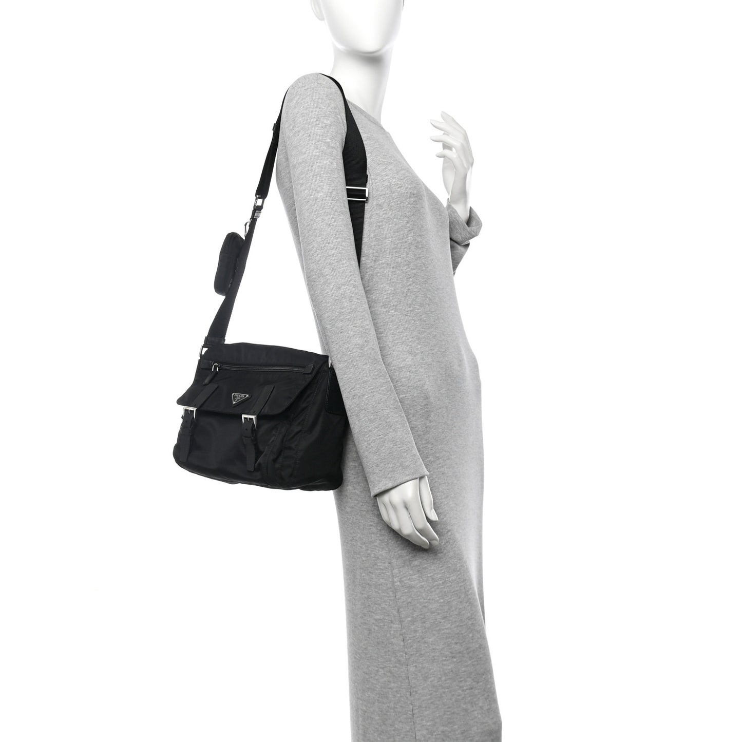 Re-Nylon Vela Saffiano Pocket Double Buckle Messenger Shoulder Bag Black