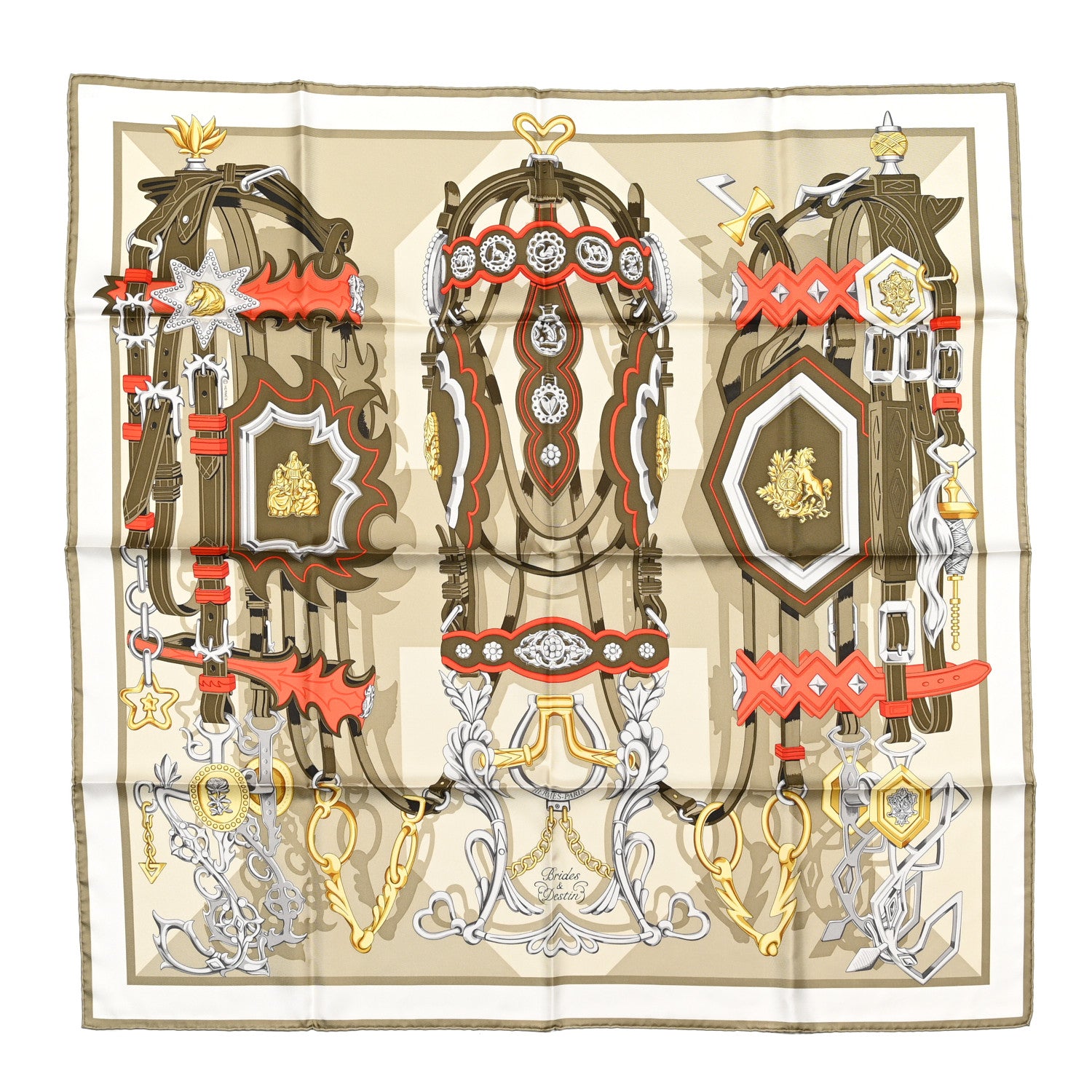 Hermes Silk Brides Et Destin Scarf 90 Vert Argile Kaki 1 of 5