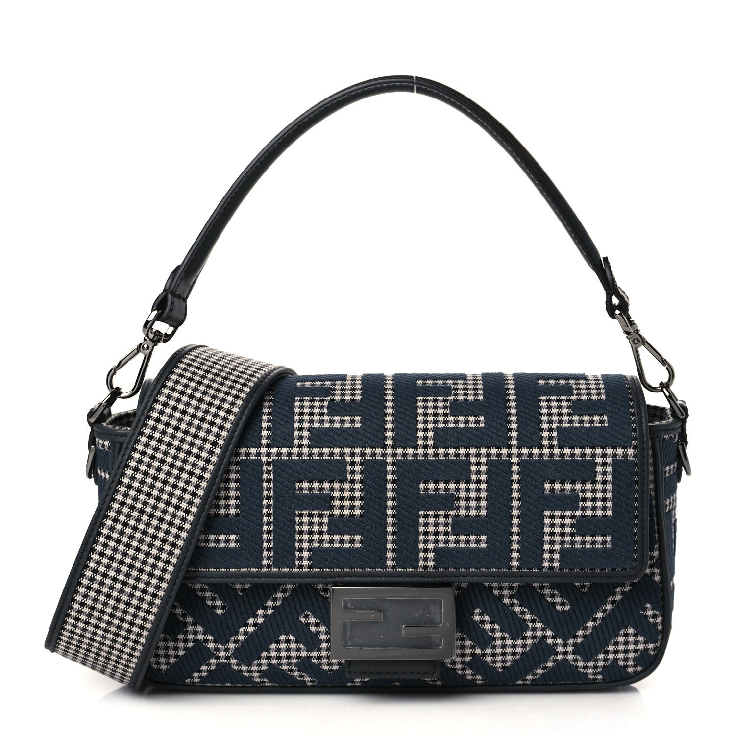 Fendi Wool Vitello King Houndstooth FF Embroidered Baguette Grigio Anthracite 1 of 6