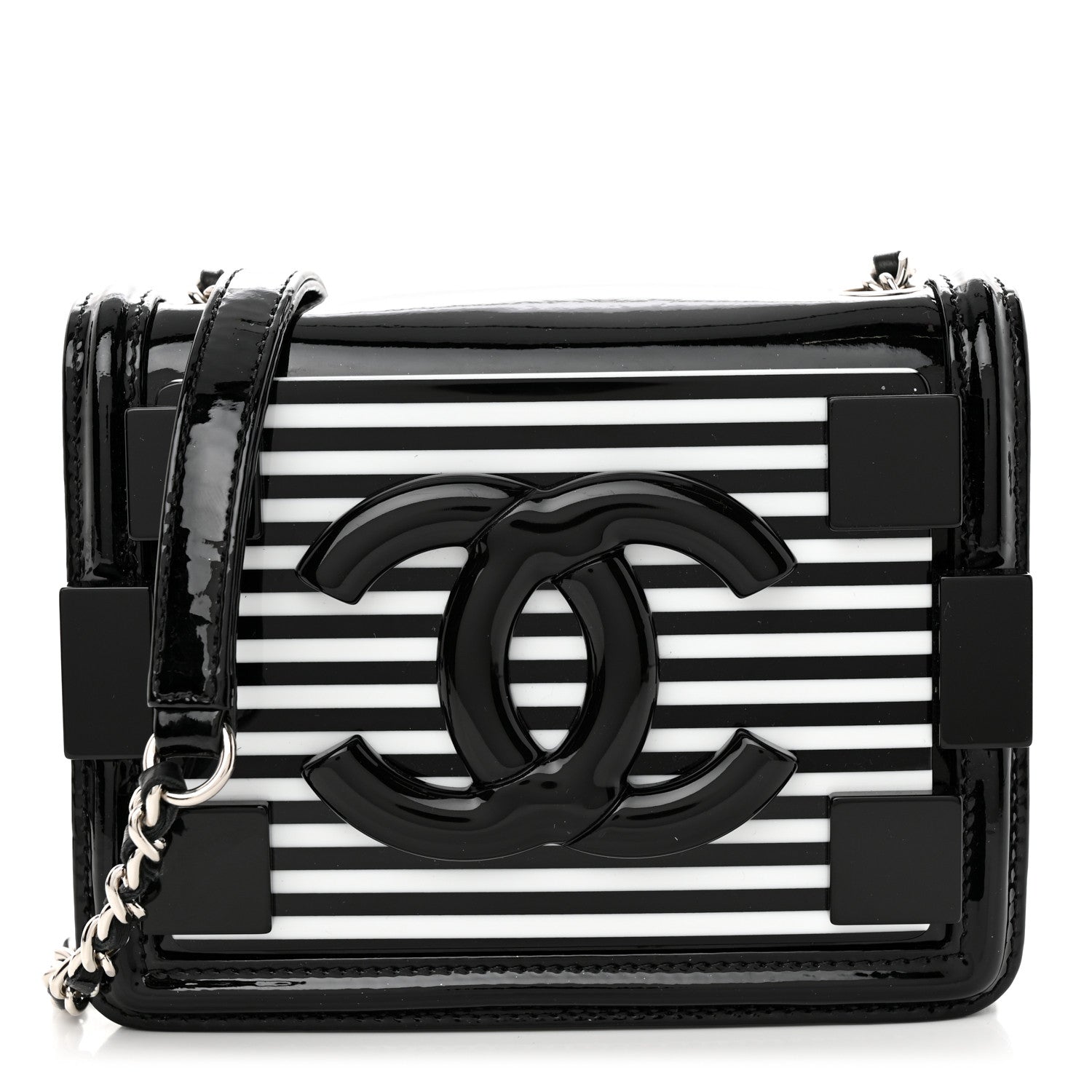 Chanel Plexiglass Patent Mini Striped Boy Brick Flap Black White 1 of 11
