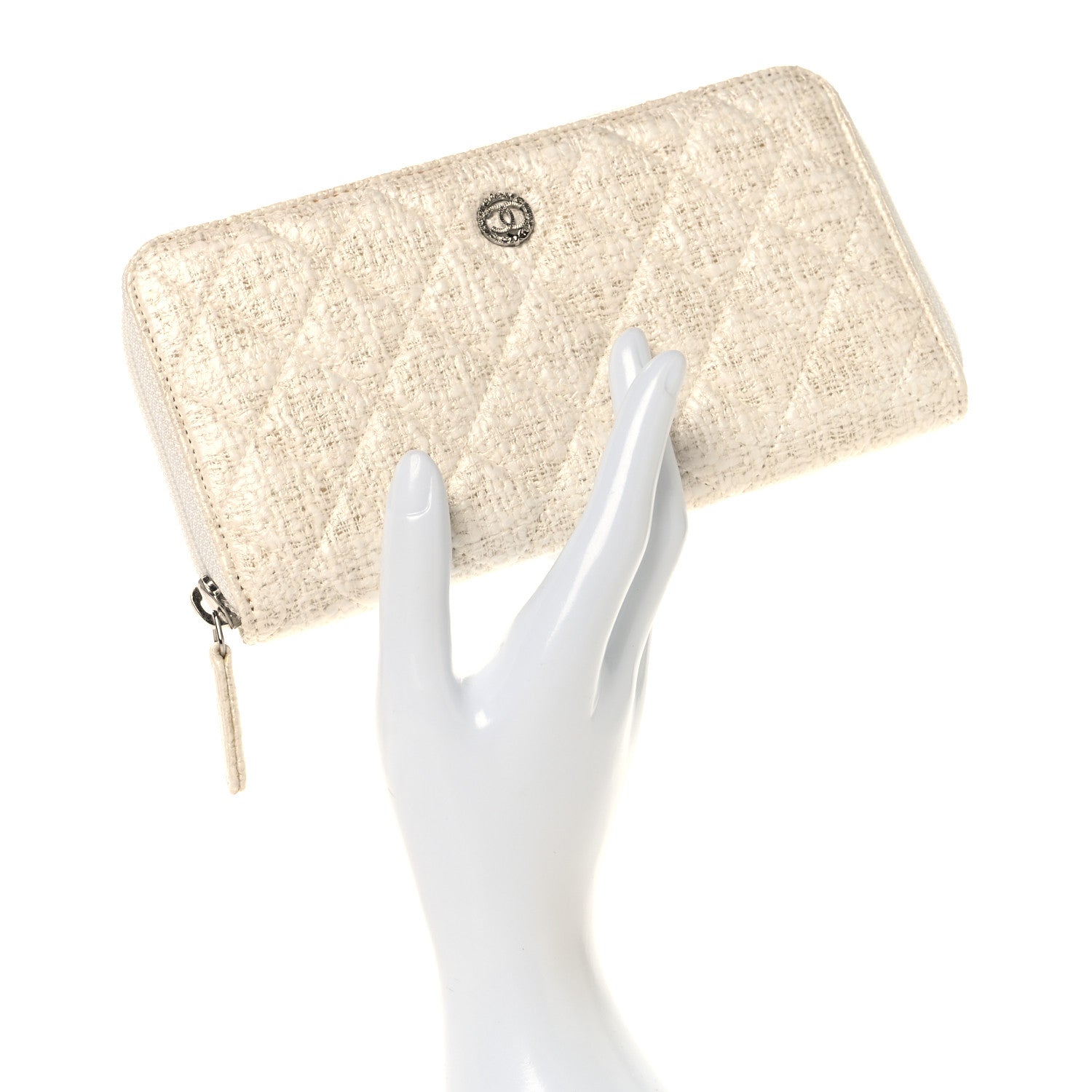 Chanel Tweed Coating Quilted Zip Around Wallet  White 2 of 8