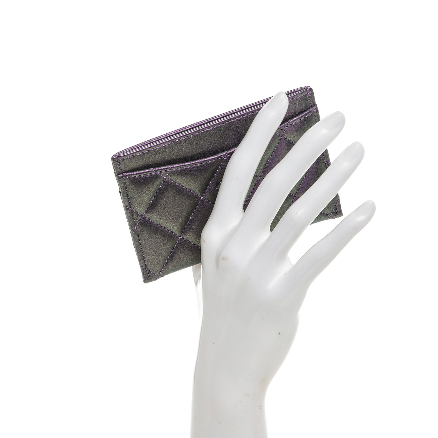 Metallic Lambskin Quilted Card Holder Dark Purple