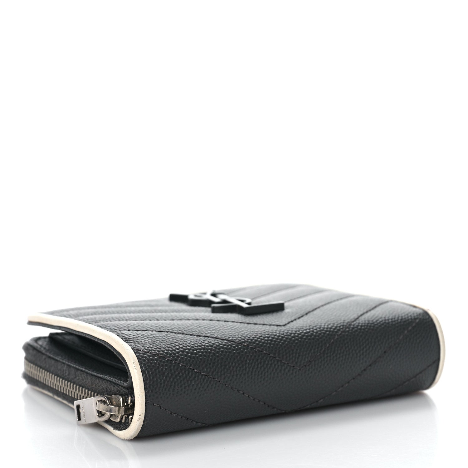 Saint Laurent Grain De Poudre Matelasse Chevron Monogram Compact Zip Around Wallet Asphalt White 4 of 10