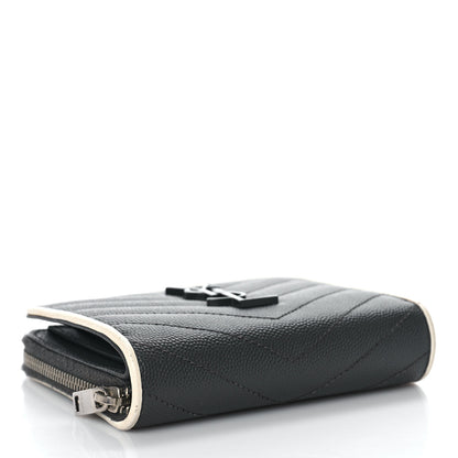 Saint Laurent Grain De Poudre Matelasse Chevron Monogram Compact Zip Around Wallet Asphalt White 4 of 10