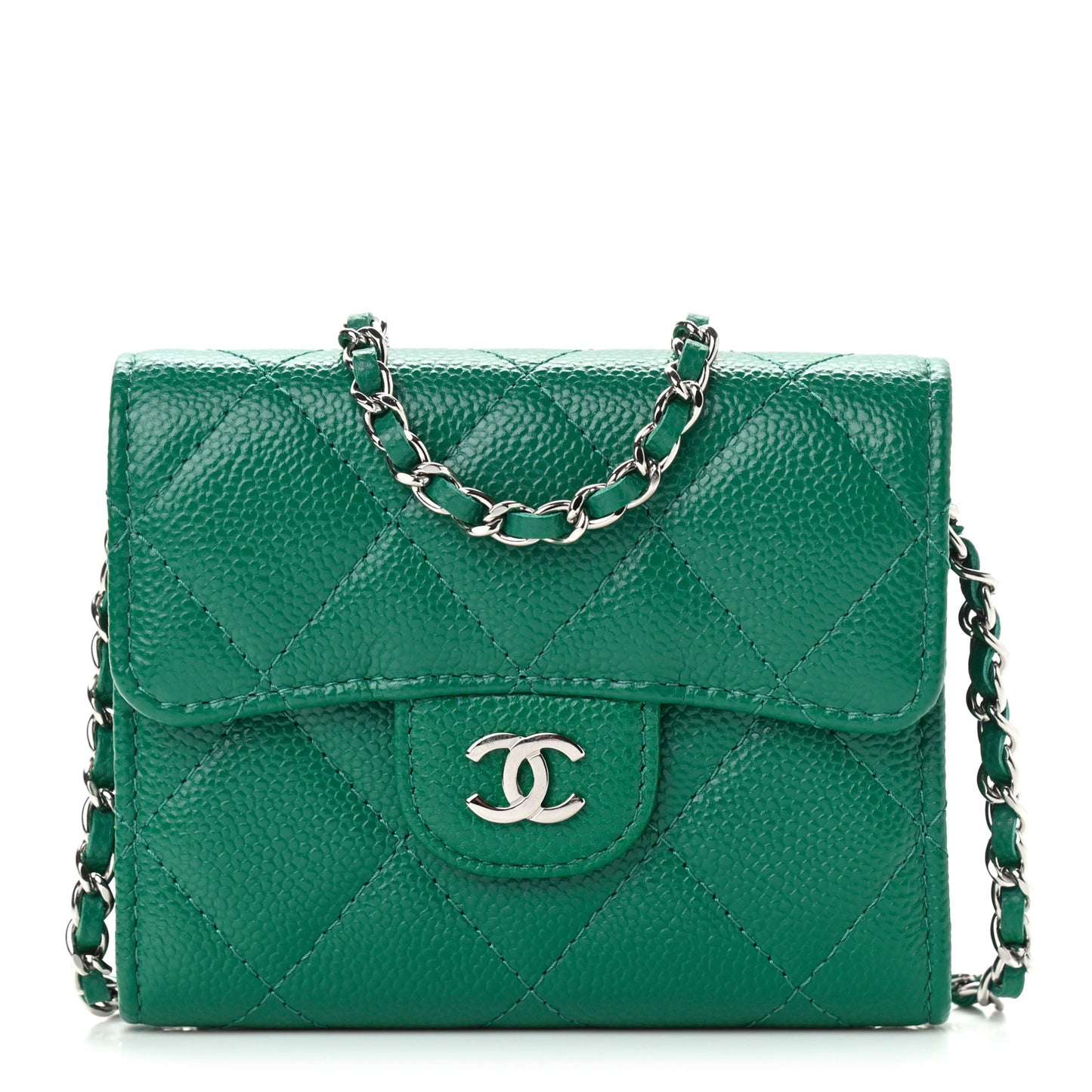 Caviar Quilted Flap Card Holder On Chain Green