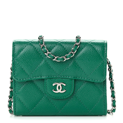 Chanel Caviar Quilted Flap Card Holder On Chain Green 1 of 12