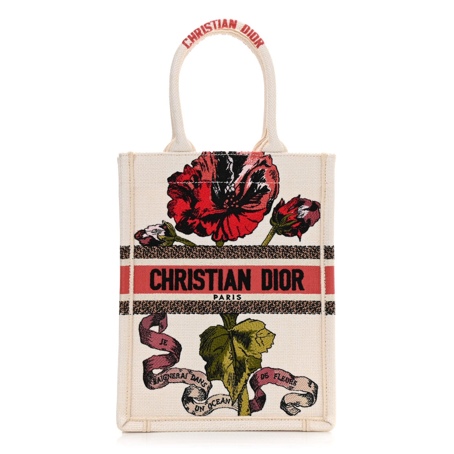 Canvas Embroidered Vertical Fleurs Bibliques Book Tote Latte Multicolor