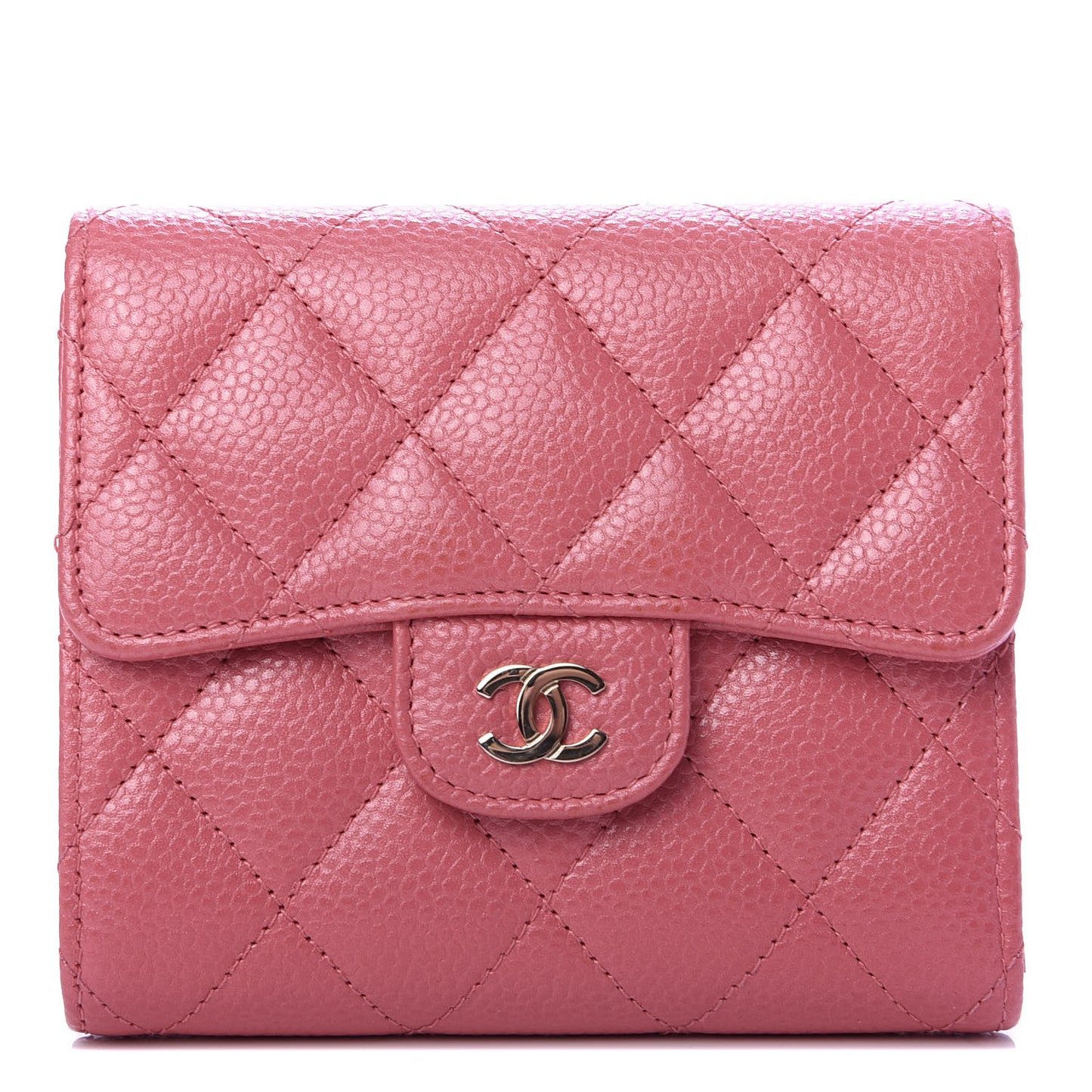 Metallic Caviar Quilted Compact Flap Wallet Pink