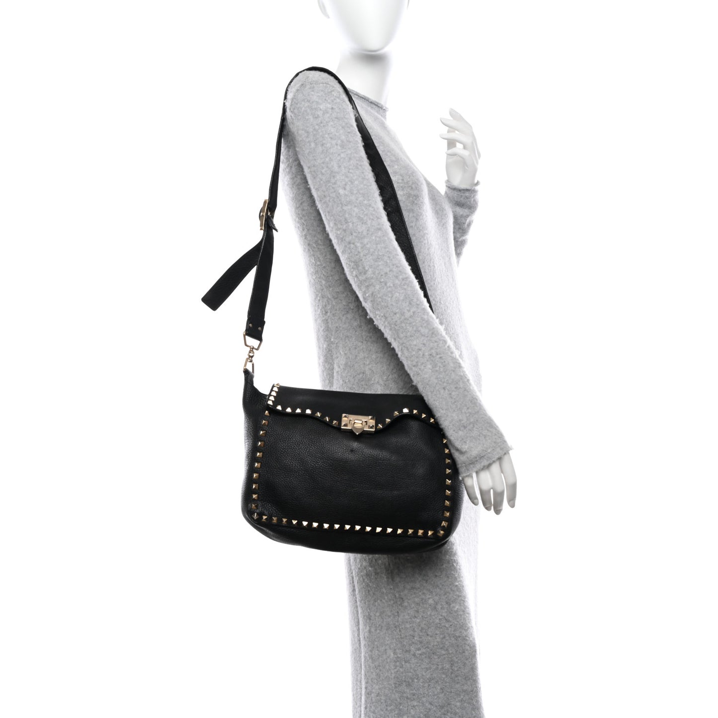 Pebbled Calfskin Rockstud Flip-Lock Messenger Bag Black