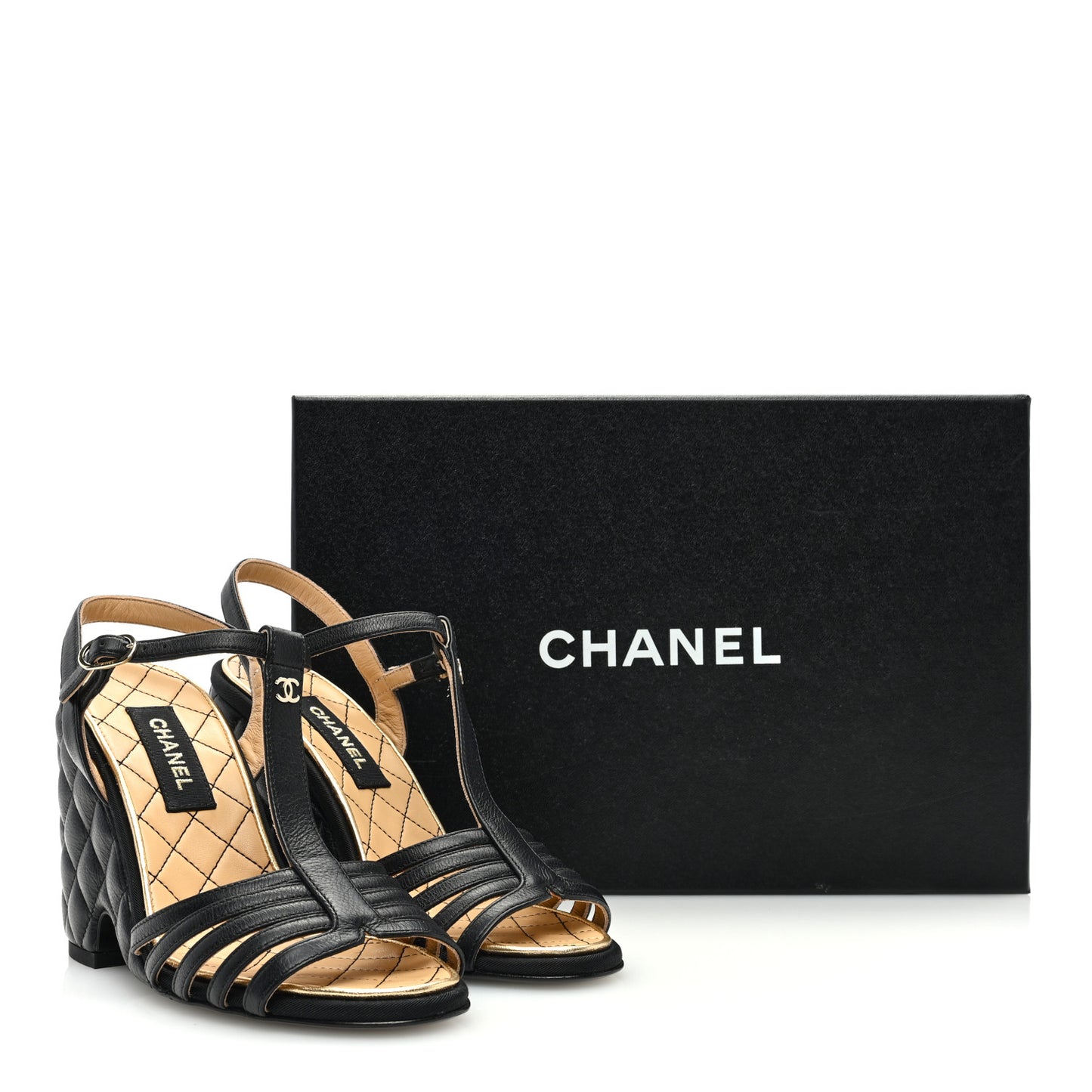 Grained Calfskin Quilted Wedge Sandals 35 Black