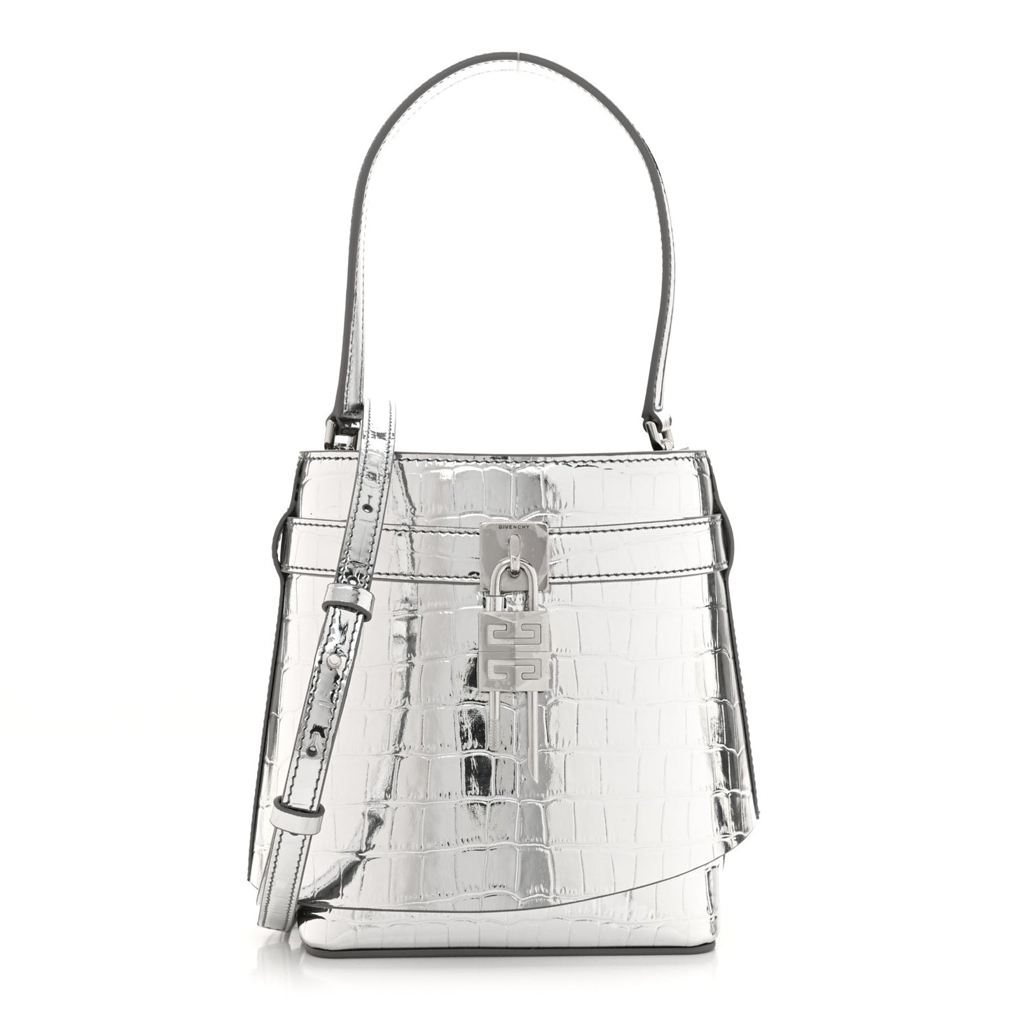 Metallic Calfskin Crocodile Embossed Shark Lock Bucket Bag Light Silvery