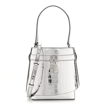 Givenchy Metallic Calfskin Crocodile Embossed Shark Lock Bucket Bag Light Silvery 1 of 11