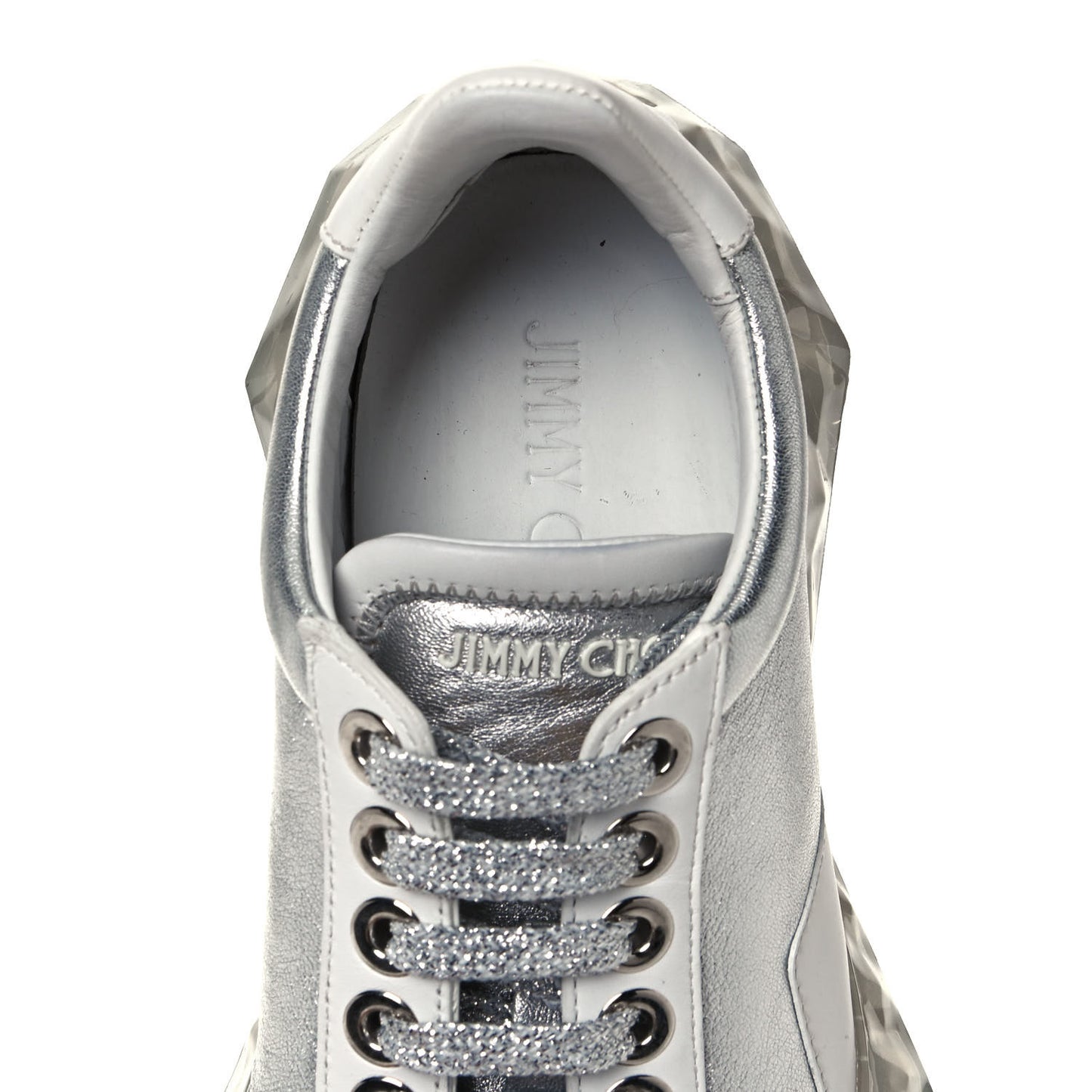 Metallic Calfskin Womens Diamond F Low Top Sneaker 36.5 White Silver