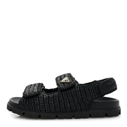 Prada Raffia Metal Triangle Logo Crochet Cage Sandals 39 Black 1 of 8