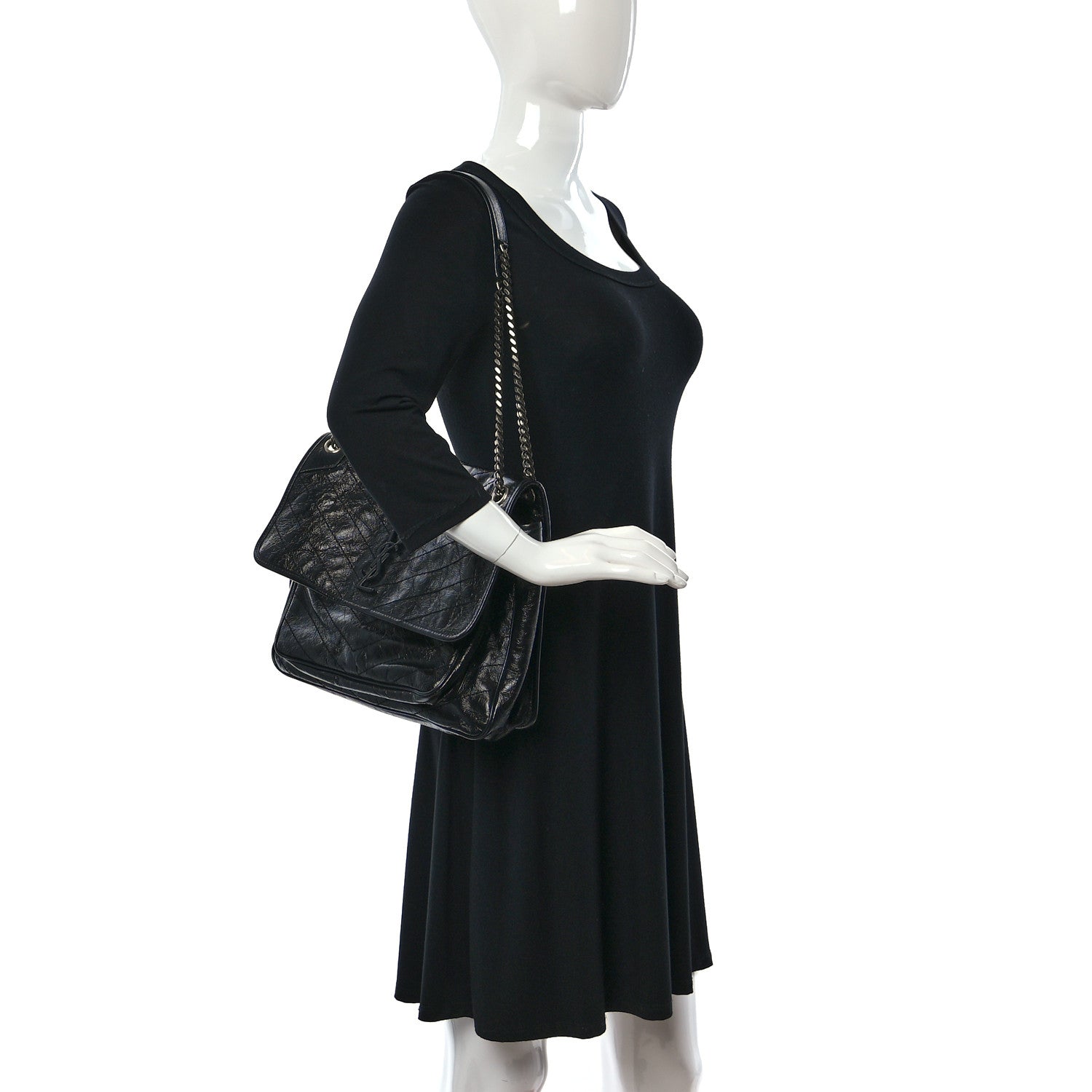 Saint Laurent Crinkled Calfskin Matelasse Monogram Large Niki Chain Satchel Black 2 of 9
